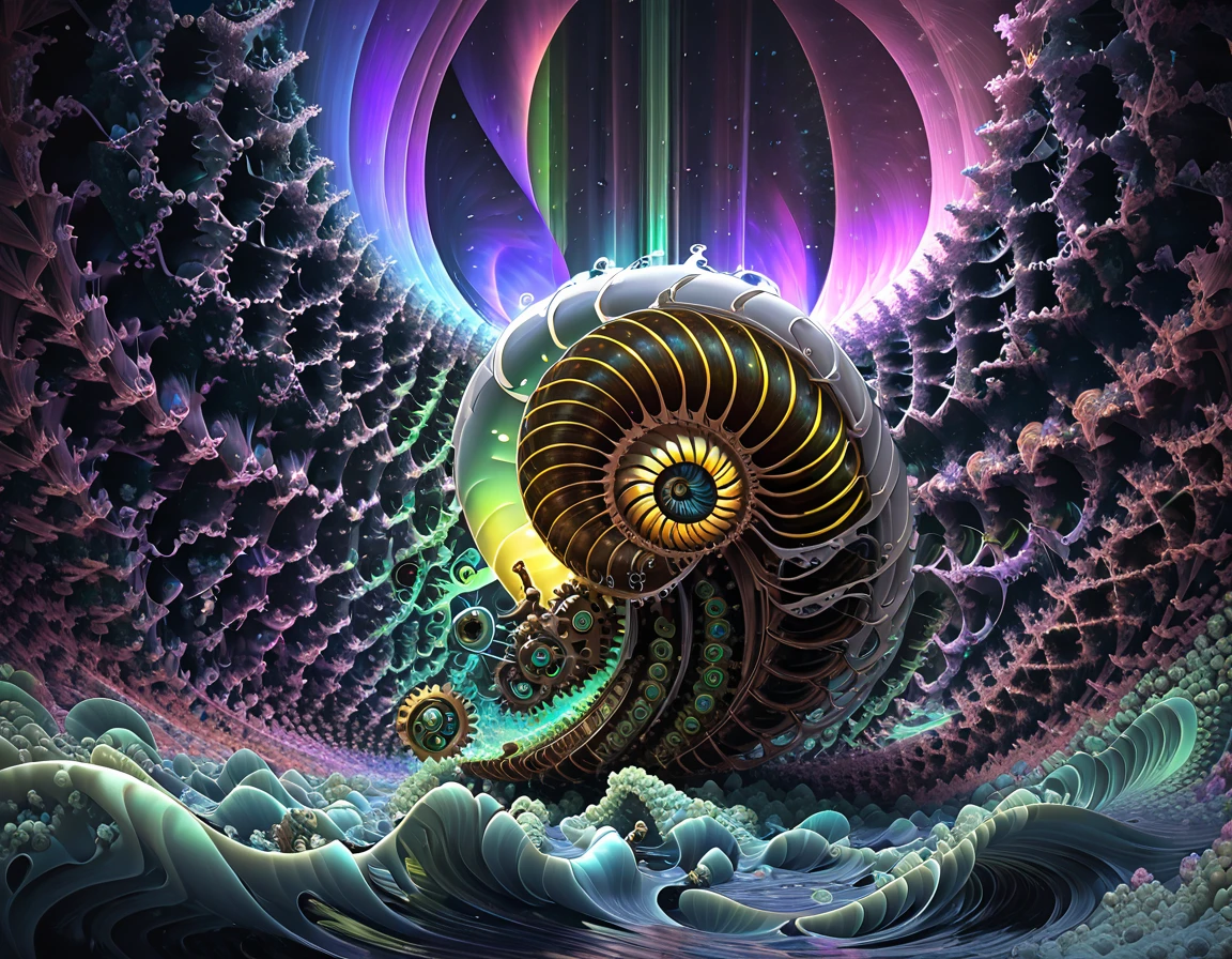 (A mechanical lifeform, the nautilus, drifting in the ancient seas:1.2)、(Nautilus Machine Lifeform)、(Nautilus is mechanically drawn:1.2)、Machine lifeforms emerging from the Mandelbrot set、The emerging lifeforms gradually々Mechanize to、gear、Fractal Art、3D Rendering, Aurora