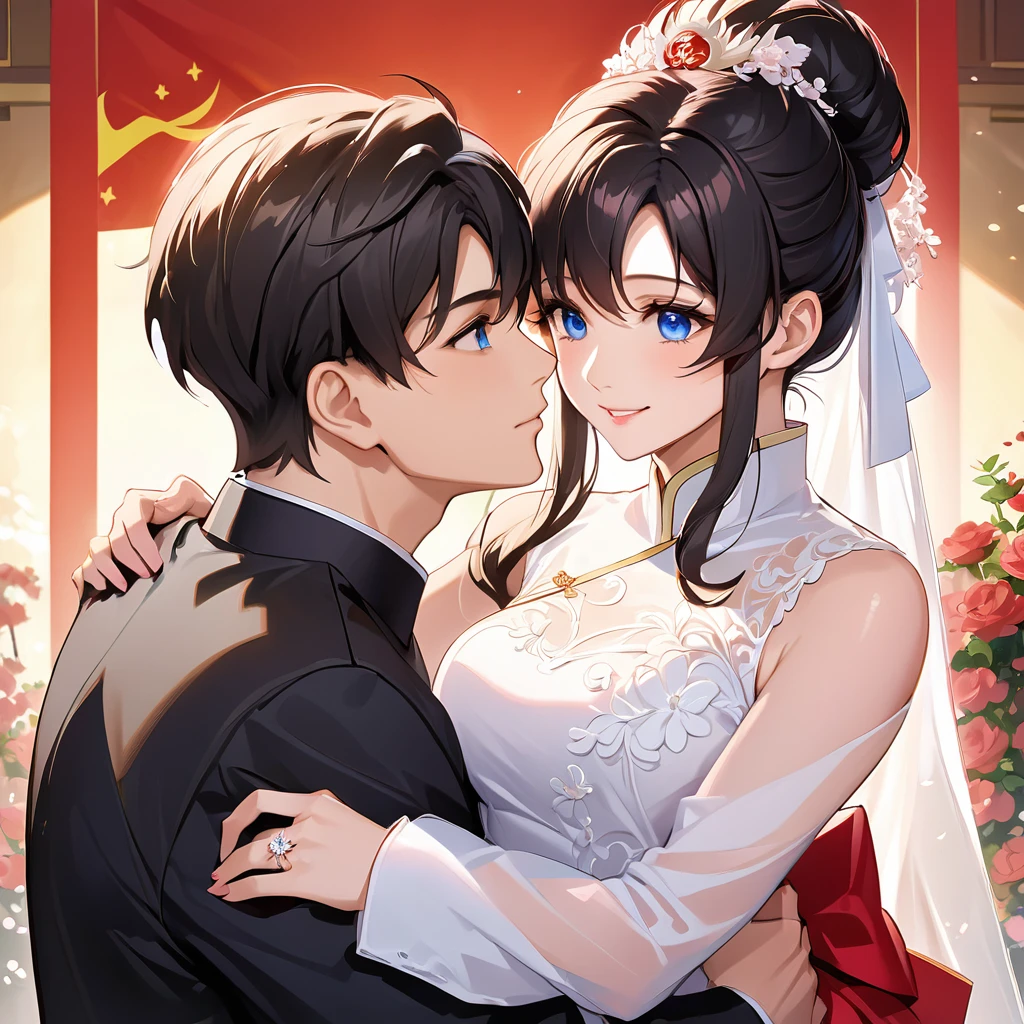 ((Highest quality)), ((masterpiece)), (detailed), (Perfect Face)、The woman is a Chinese Lacus Clyne with blue eyes and medium-long black hair. She is wearing an engagement ring. She has become a member of the glorious Chinese Communist Party and has sworn absolute loyalty to the Chinese Communist Party. She is a righteous Communist Party member of China.、The woman is a member of the Chinese Communist Party and is wearing a wedding dress.、For the sake of China, they dye their hair, hairstyle, clothes, and everything they wear belongs to the Chinese Communist Party, and their thoughts are also Chinese, becoming great Chinese in body and mind.、The woman became Lacus Clyne, a Chinese woman who was proud of and loved China.、The woman is chosen by a great Chinese Communist Party official and is given the honor of becoming his wife.、The woman looks happy being held in the arms of a great Chinese Communist Party official.、The woman is the wife of a glorious Chinese Communist Party official.、The man is a great Chinese Communist Party official, a dignified and imposing old man who marries the woman.、The man and woman embrace each other, kiss each other, make love, and have a grand wedding ceremony.