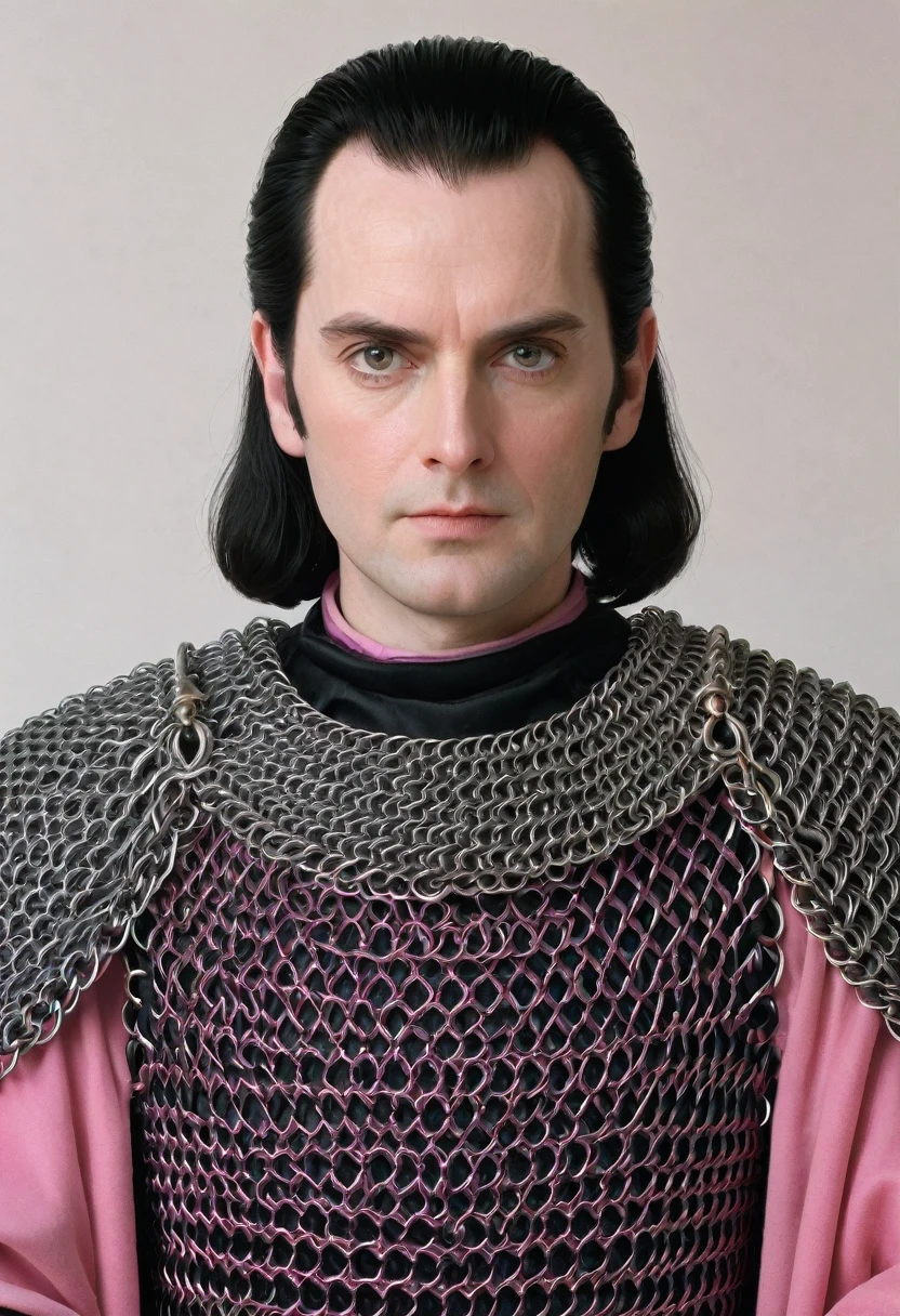 Knight in black chainmail , pink mantle, 45 years, plain face, beardless and ordinary, pale skin, average height, average weight, very pale eyes, medium short black hair, thin eyebrows, expressionless face, unsmiling, complete view