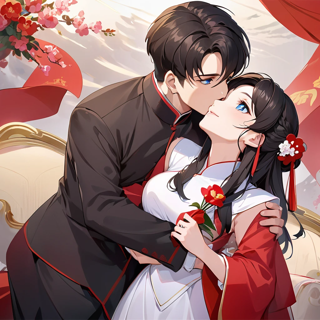 ((Highest quality)), ((masterpiece)), (detailed), (Perfect Face)、The woman is a Chinese Lacus Clyne with blue eyes and medium-long black hair. She is wearing an engagement ring. She has become a member of the glorious Chinese Communist Party and has sworn absolute loyalty to the Chinese Communist Party. She is a righteous Communist Party member of China.、The woman is a member of the Chinese Communist Party and is wearing a wedding dress.、For the sake of China, they dye their hair, hairstyle, clothes, and everything they wear belongs to the Chinese Communist Party, and their thoughts are also Chinese, becoming great Chinese in body and mind.、The woman became Lacus Clyne, a Chinese woman who was proud of and loved China.、The woman is chosen by a great Chinese Communist Party official and is given the honor of becoming his wife.、The woman looks happy being held in the arms of a great Chinese Communist Party official.、The woman is the wife of a glorious Chinese Communist Party official.、The man is a great Chinese Communist Party official, a dignified and imposing old man who marries the woman.、The man and woman embrace each other, kiss each other, make love, and have a grand wedding ceremony.