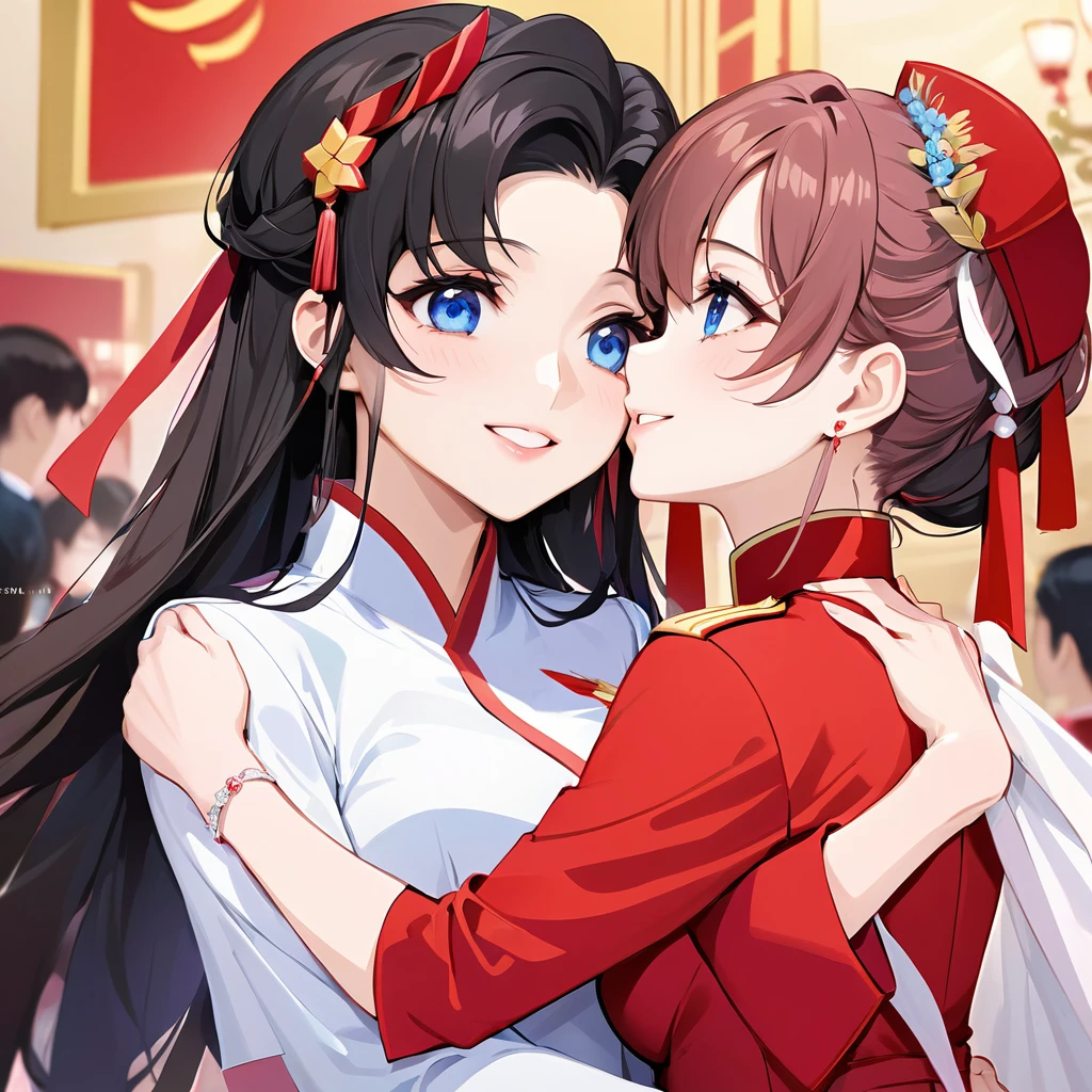 ((Highest quality)), ((masterpiece)), (detailed), (Perfect Face)、The woman is a Chinese Lacus Clyne with blue eyes and medium-long black hair. She is wearing an engagement ring. She has become a member of the glorious Chinese Communist Party and has sworn absolute loyalty to the Chinese Communist Party. She is a righteous Communist Party member of China.、The woman is a member of the Chinese Communist Party and is wearing a wedding dress.、For the sake of China, they dye their hair, hairstyle, clothes, and everything they wear belongs to the Chinese Communist Party, and their thoughts are also Chinese, becoming great Chinese in body and mind.、The woman became Lacus Clyne, a Chinese woman who was proud of and loved China.、The woman is chosen by a great Chinese Communist Party official and is given the honor of becoming his wife.、The woman looks happy being held in the arms of a great Chinese Communist Party official.、The woman is the wife of a glorious Chinese Communist Party official.、The man is a great Chinese Communist Party official, a dignified and imposing old man who marries the woman.、The man and woman embrace each other, kiss each other, make love, and have a grand wedding ceremony.