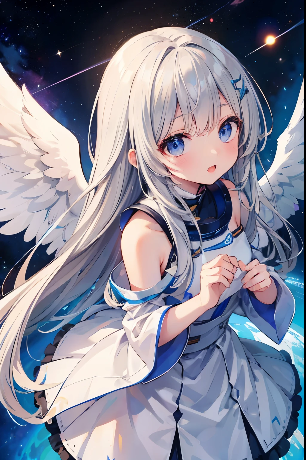 Sweet々She、Adorable as an angel(Without wings)、Long hair of light silver color、Researcher Cosplay、Space Station