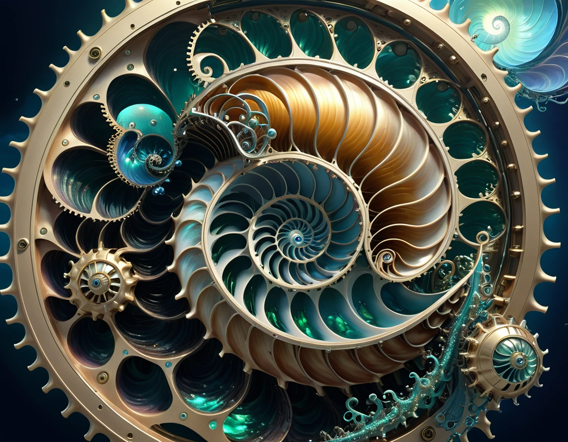 (A mechanical lifeform, the nautilus, drifting in the ancient seas:1.2)、(Nautilus Machine Lifeform)、(Nautilus is mechanically drawn:1.2)、Machine lifeforms emerging from the Mandelbrot set、The emerging lifeforms gradually々Mechanize to、gear、Fractal Art、3D Rendering, Aurora