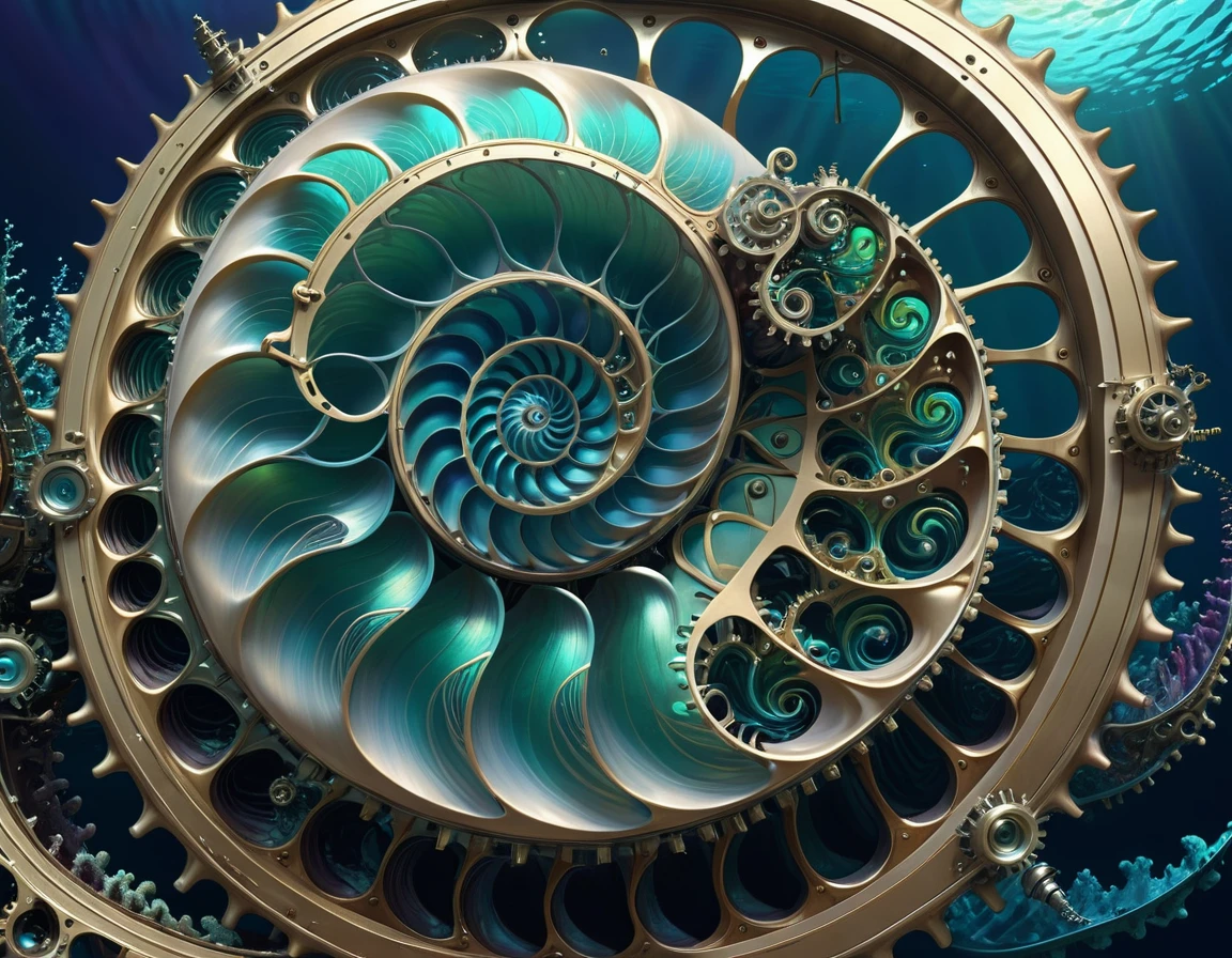 (A mechanical lifeform, the nautilus, drifting in the ancient seas:1.2)、(Nautilus Machine Lifeform)、(Nautilus is mechanically drawn:1.2)、Machine lifeforms emerging from the Mandelbrot set、The emerging lifeforms gradually々Mechanize to、gear、Fractal Art、3D Rendering, Aurora