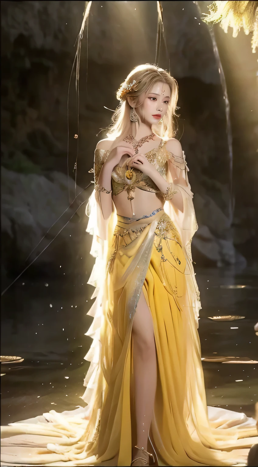 Topaz Incarnate，((Best image quality, 16K, masterpiece:1.3)), Blonde medium length，Slim Abs:1.3, (Classic hairstyles, Leaking big boobs:1.2), Fairy，Ultra-fine face, Detailed eyes, double eyelid，Meticulous hands，Hand Strengthening，cold，elegant，（Transparent white tulle skirt:1.2），Lots of yellow tulle streamers，A white bag is hanging on his back，Letter tattoos，Ancient Wind，16K, Topaz Necklace, (Topaz Bracelet), Yellow petals fluttering in the background