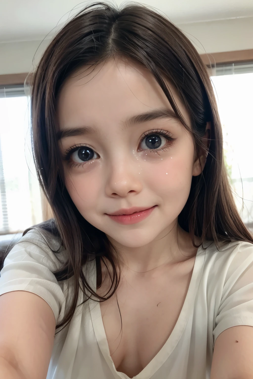 (CRYING FACE EXPRESSION:1.3), Chubby adorable, (V-neck ice silk nightdress), 1 girl, (face to face), , baby face, happy, half body portrait, (face details: 1), (eye details: 1), ((flat breasts)). wtransparent transparency soft soft long shirt, .. Cute posed. proportional body. Ultra High Res. realistic: 1.4, UHD, (leopard pattern),