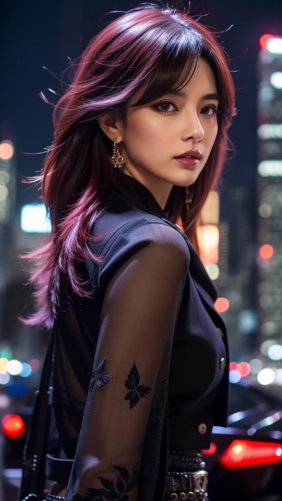 beautiful girl, half-length portrait, short bright red tousled hair, black eyeshadow, (street style clothes:1.2), (city background:1.2), dark makeup, digital art, trending on Artstation, highly detailed, detail fine, intricate, beautiful detailed glow, detailed, cinematic light, high resolution, detailed facial features, sharp focus, soft, aesthetic,highest quality、16K High Resolution、Super detailed、masterpiece、Live Shooting、Photorealistic:1.4、Hyperrealism:1.4、Sharp focus、Very delicate and beautiful、Fine details、GAUST IN THE SHELL、Major Kusanagi、Jump off skyscrapers、Night Time、Purple Hair、Sexy