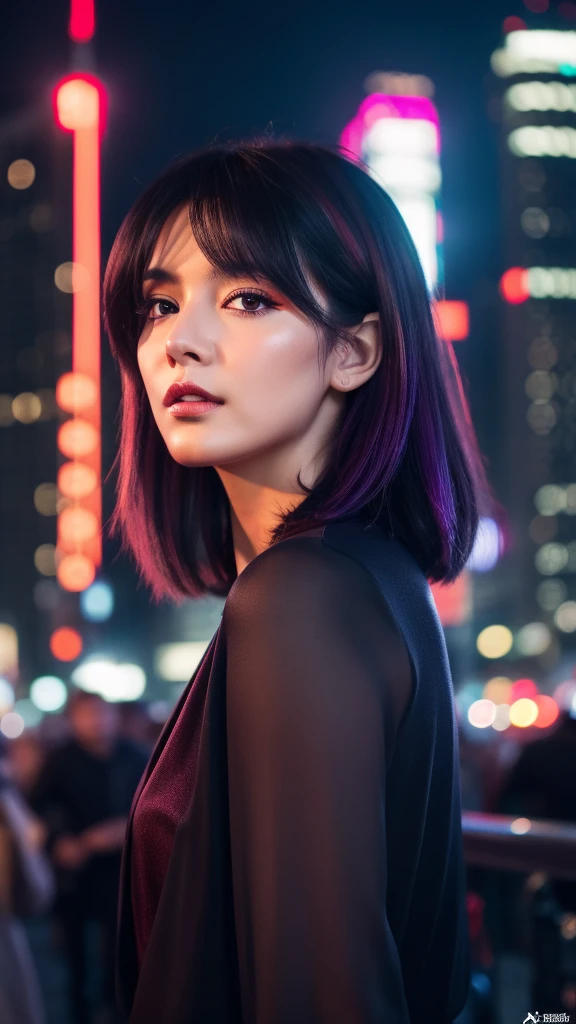 beautiful girl, half-length portrait, short bright red tousled hair, black eyeshadow, (street style clothes:1.2), (city background:1.2), dark makeup, digital art, trending on Artstation, highly detailed, detail fine, intricate, beautiful detailed glow, detailed, cinematic light, high resolution, detailed facial features, sharp focus, soft, aesthetic,highest quality、16K High Resolution、Super detailed、masterpiece、Live Shooting、Photorealistic:1.4、Hyperrealism:1.4、Sharp focus、Very delicate and beautiful、Fine details、GAUST IN THE SHELL、Major Kusanagi、Jump off skyscrapers、Night Time、Purple Hair、Sexy