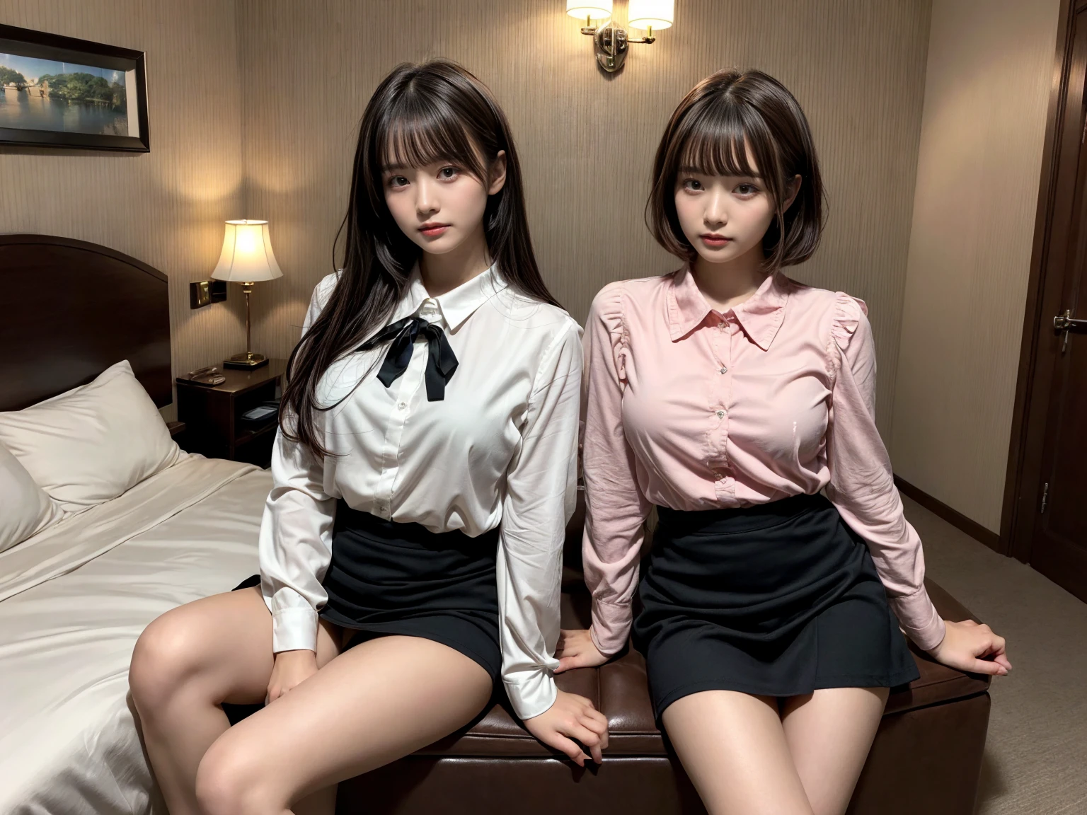 masterpiece, best quality, illustration, Super detailed, fine details, High resolution, 8K,wall paper, perfect dynamic composition,(Details High quality, realistic depiction of eyes:1.3), (2 girls), pink frilled shirt blouse, Black Frilled skirt, sitting, open legs, short bob hair, in a hotel room in the background, deep on field, large breasts, black hair color, Big Natural Color Lip, (perfect body shape), crying a little、Harajuku style、20 year old girl、cute type、beautiful legs, Gravure Idol