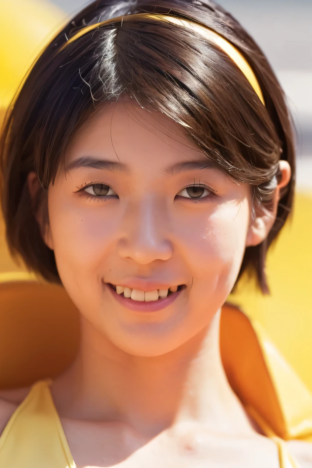 ((highest quality、8K resolution、master masterpiece、portrait:1.3)), Photoreal, 35mm film, 1 Japanese female, Upper body_cowboy shot、on the street during the day,tassel 、Pixie cut_boyish,wrinkles around the eyes、smile,((yellow bikini:1.3)) , (outdoor:city street 1.3), jumbled background,look at the audience,Tokyo cityscape:1.3,