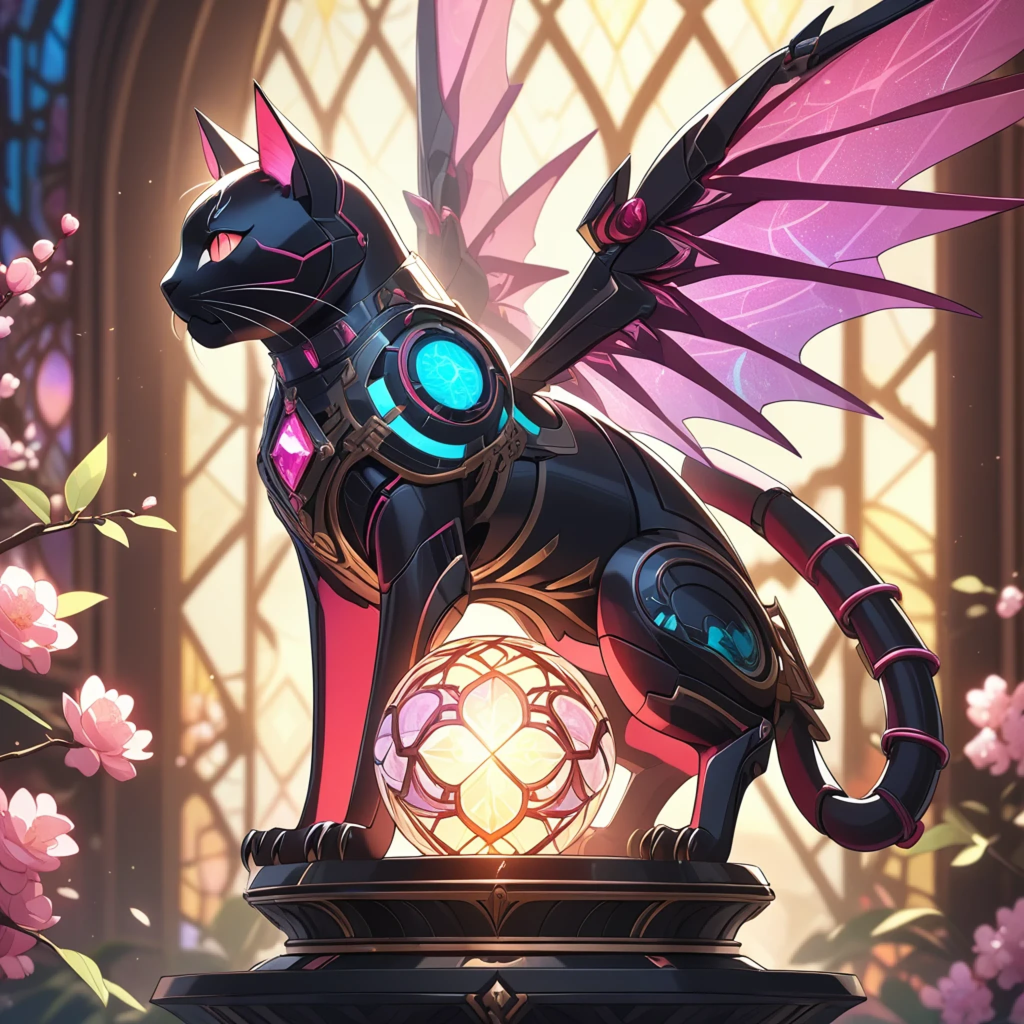 Close-up side view, cute fantasy glowing mechanical cat-like creature sitting on ornate pedestal, ruby sharp shimmering wings with (intricate patterns), (sharp claws), glowing robotic eyes, intricate sparkling conduits, long ears, sparkling, blurry warm fantasy background, (glowing stained glass orbs), blossoming branches, masterpiece, best quality, very aesthetic, absurdes, safe, SFW