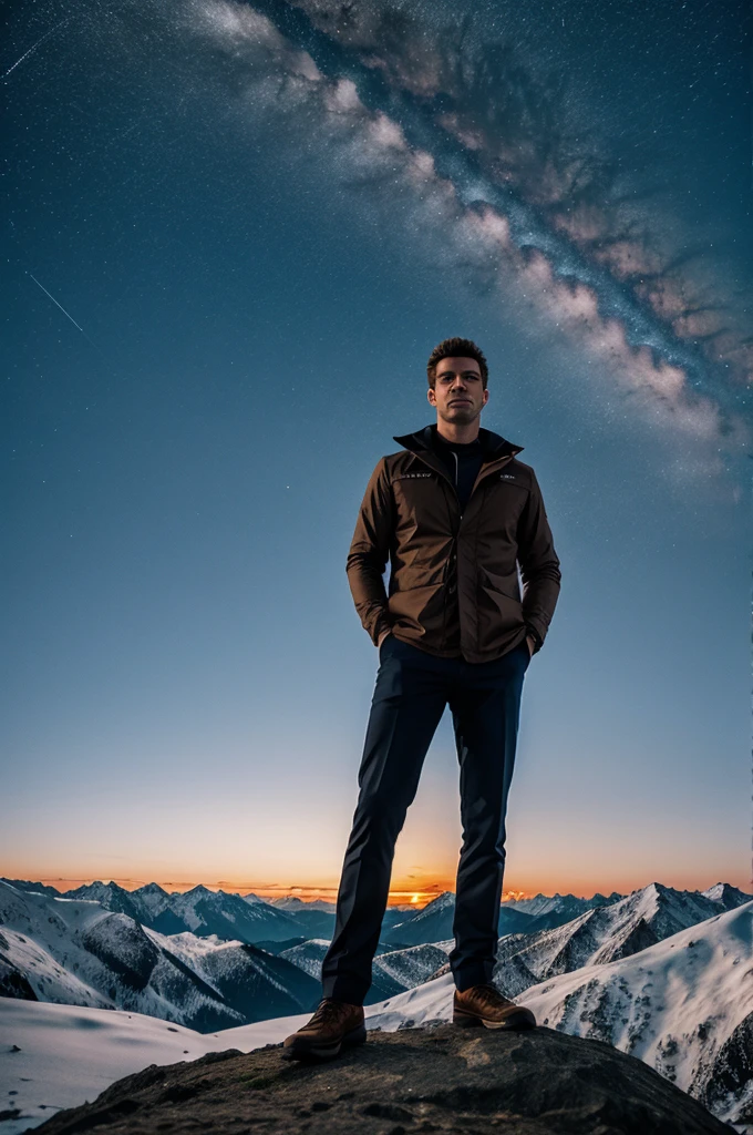 One men standing on the mountain in evening time. Dary sky