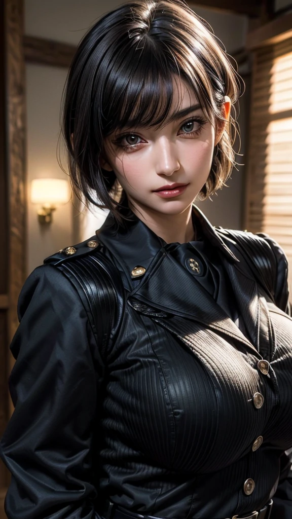 ((Beautiful Face:1.4)), (Purelos Face_v1: 1.0), Half Body,(Highest Resolution, clear_image) Highest quality, Single, One Woman, alone, masterpiece, Very detailed, (realistic), Black short hair, Black Hair, bangs, mature, ((JSDF uniform)), Indoor Background, kind, Authoritative, Powerful, Exquisite facial features, Exquisite facial features,((Natural big breasts:1.2))