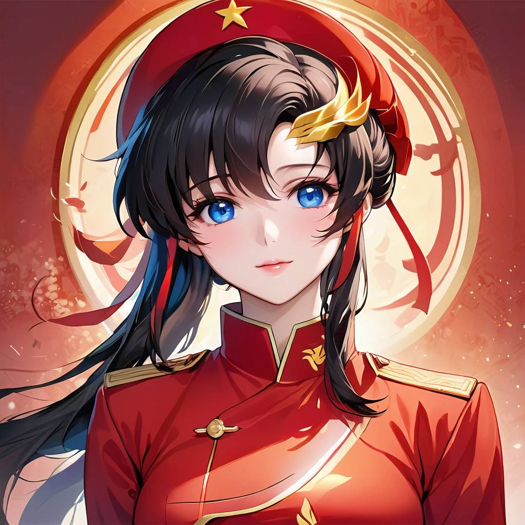 ((Highest quality)), ((masterpiece)), (detailed), (Perfect Face)、The woman is a Chinese Lacus Clyne with blue eyes and medium-long black hair. She is wearing an engagement ring. She has become a member of the glorious Chinese Communist Party and has sworn absolute loyalty to the Chinese Communist Party. She is a righteous Communist Party member of China.、The woman is wearing the fine red uniform of a Chinese Communist Party member.、For the sake of China, they dye their hair, hairstyle, clothes, and everything they wear belongs to the Chinese Communist Party, and their thoughts are also Chinese, becoming great Chinese in body and mind.、The woman became Lacus Clyne, a Chinese woman who was proud of and loved China.、Women are great members of the Chinese Communist Party for China、She is a beautiful, respectable and exemplary Communist.