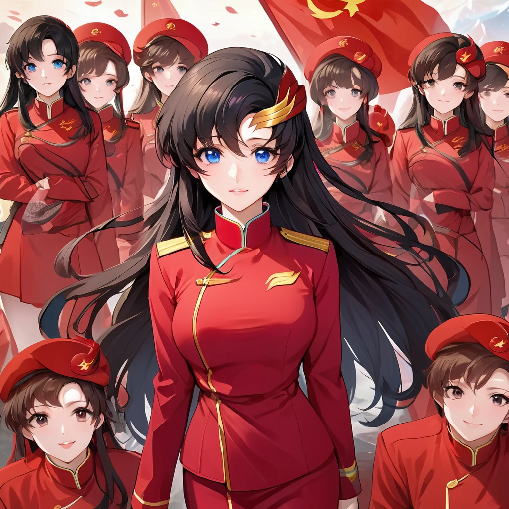 ((Highest quality)), ((masterpiece)), (detailed), (Perfect Face)、The woman is a Chinese Lacus Clyne with blue eyes and medium-long black hair. She is wearing an engagement ring. She has become a member of the glorious Chinese Communist Party and has sworn absolute loyalty to the Chinese Communist Party. She is a righteous Communist Party member of China.、The woman is wearing the fine red uniform of a Chinese Communist Party member.、For the sake of China, they dye their hair, hairstyle, clothes, and everything they wear belongs to the Chinese Communist Party, and their thoughts are also Chinese, becoming great Chinese in body and mind.、The woman became Lacus Clyne, a Chinese woman who was proud of and loved China.、Women are great members of the Chinese Communist Party for China、She is a beautiful, respectable and exemplary Communist.