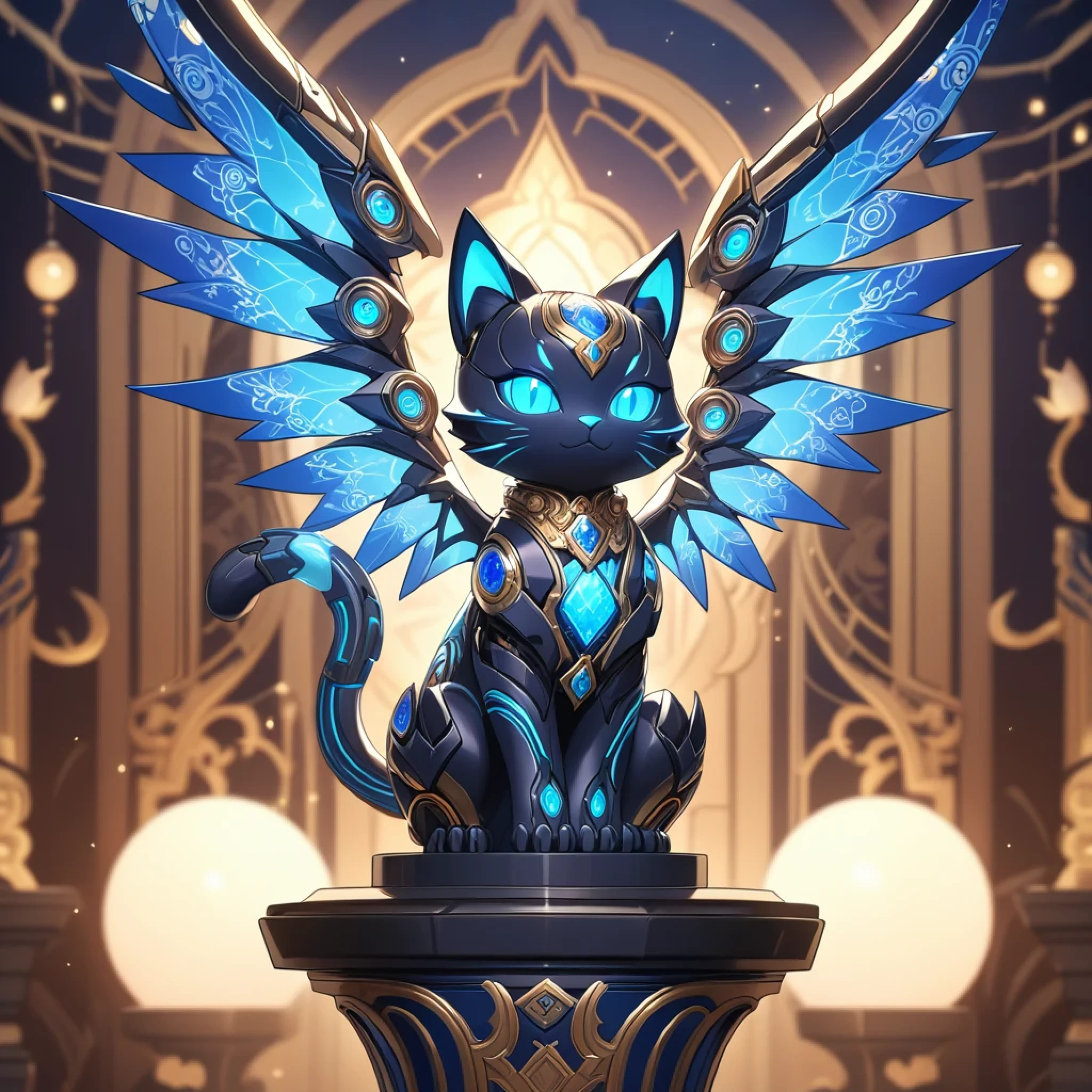 Close-up, cute fantasy glowing mechanical cat-like creature sitting on ornate old pedestal, sapphire sharp wings with intricate patterns, sharp claws, glowing robotic eyes, intricate sparkling conduits, long ears, sparkling, blurry warm fantasy background, glowing orbs, blossoming branches, masterpiece, best quality, very aesthetic, absurdes, safe, SFW
