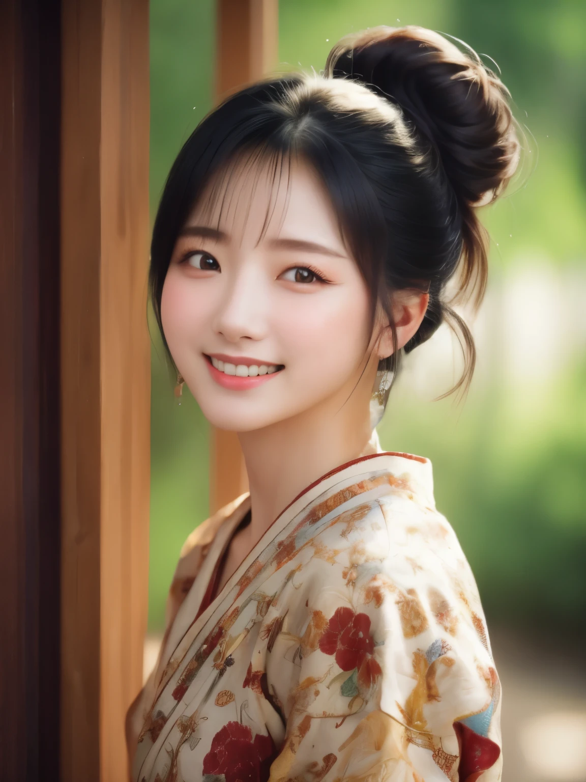 1woman, solo,((grin)), ((28yo)), looking at viewer, smile, black hair, brown eyes, upper body, earrings, japanese clothes, kimono, pony tail, blurry, lips, single hair bun, realistic,((cinematic)),((natural soft light)),ultra detailed, fein face_expression, ((8K)),((in a japanese temple)),