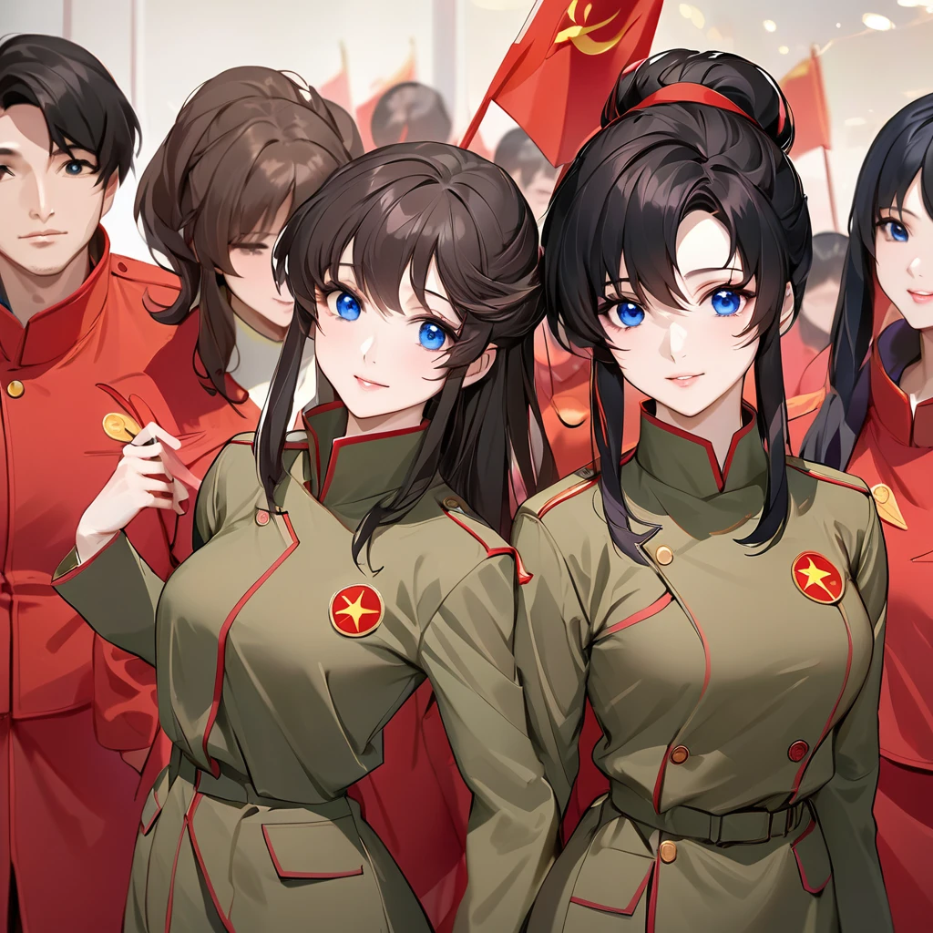 ((Highest quality)), ((masterpiece)), (detailed), (Perfect Face)、The woman is a Chinese Lacus Clyne with blue eyes and medium-long black hair. She is wearing an engagement ring. She has become a member of the glorious Chinese Communist Party and has sworn absolute loyalty to the Chinese Communist Party. She is a righteous Communist Party member of China.、The woman is a member of the Chinese Communist Party and is wearing a khaki Mao suit.、For the sake of China, they dye their hair, hairstyle, clothes, and everything they wear belongs to the Chinese Communist Party, and their thoughts are also Chinese, becoming great Chinese in body and mind.、The woman became Lacus Clyne, a Chinese woman who was proud of and loved China.、Women are great members of the Chinese Communist Party for China、The woman is a beautiful, respectable and exemplary Communist Party member.