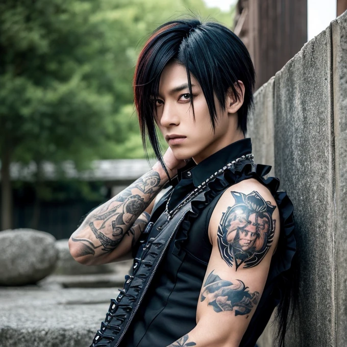 1 man, male, Japanese man, Visual Kai hairstyle, ultra detailed face and body, hyperrealistic, realistic representation, muscular, broad shoulders, tattoos gothic style, piercings, Visual Kei style, hairstyle Visual Kei, blond, long hair, 40 years old, age 40, outfit gothic streampunk, men's shirt and black pants, Asian eyes, eyes Asian, Visual Kei hairstyle 