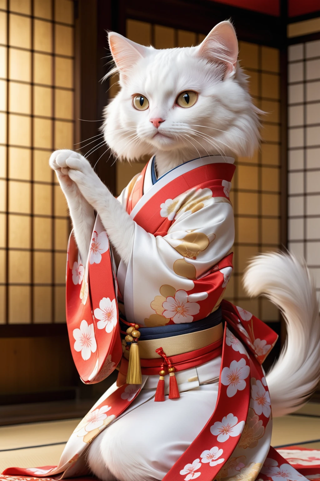 Realistic Portrait of a Cat in Japanese Kimono - Beautiful Long-Haired White Cat, Beautiful Long Hair, (Traditional Japanese Costume), (Banquet Hall,, Traditional Japanese Room:1.5), Gold Folding Screen on Background, DOAXVV_Mary Rose, One Girl, Country, Slender Body, Japanese Traditional Fan in Hand, Dance with Open Hands super high resolution, retina, masterpiece, accurate, anatomically correct, super detail, attention to detail, high quality, top quality, high resolution, 4k

Translated with DeepL.com (free version)