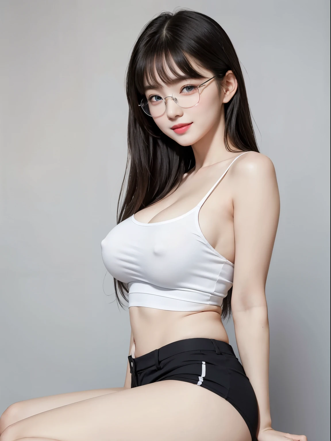 (Best quality, masterpiece, detailed), (RAW, 4k, hd images), shy, 1 girl, , white skin, long hair, ponytail, layers hair, bangs, black hair, beautiful girl, cute girl, sweet girl, pretty girl, perfect girl, pretty eyes, blue eyes, thin lips, thin, eye line, big breast, glasses(detailed frame), simple background, smile, thigh, legs, black tanktop, short pants, back side angle capture, side breast, standing, huge breast, large breast