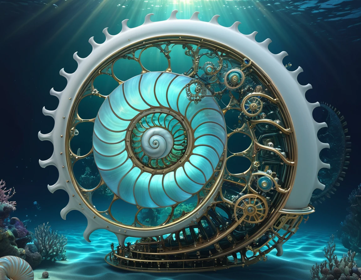 (A mechanical lifeform, the nautilus, drifting in the ancient seas:1.2)、(Nautilus Machine Lifeform)、(Nautilus is mechanically drawn:1.2)、Machine lifeforms emerging from the Mandelbrot set、The emerging lifeforms gradually々Mechanize to、gear、Fractal Art、3D Rendering, Aurora