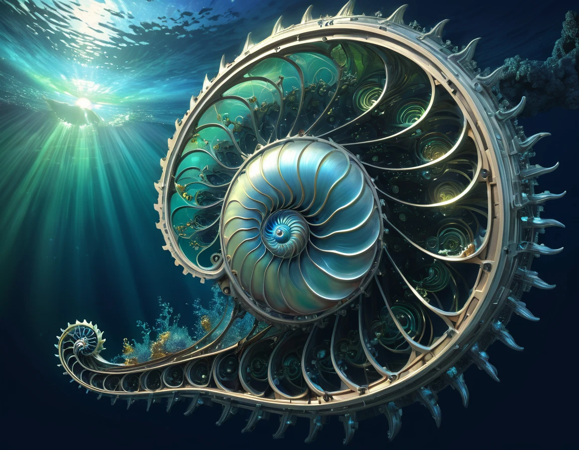 (A mechanical lifeform, the nautilus, drifting in the ancient seas:1.2)、(Nautilus Machine Lifeform)、(Nautilus is mechanically drawn:1.2)、Machine lifeforms emerging from the Mandelbrot set、The emerging lifeforms gradually々Mechanize to、gear、Fractal Art、3D Rendering, Aurora