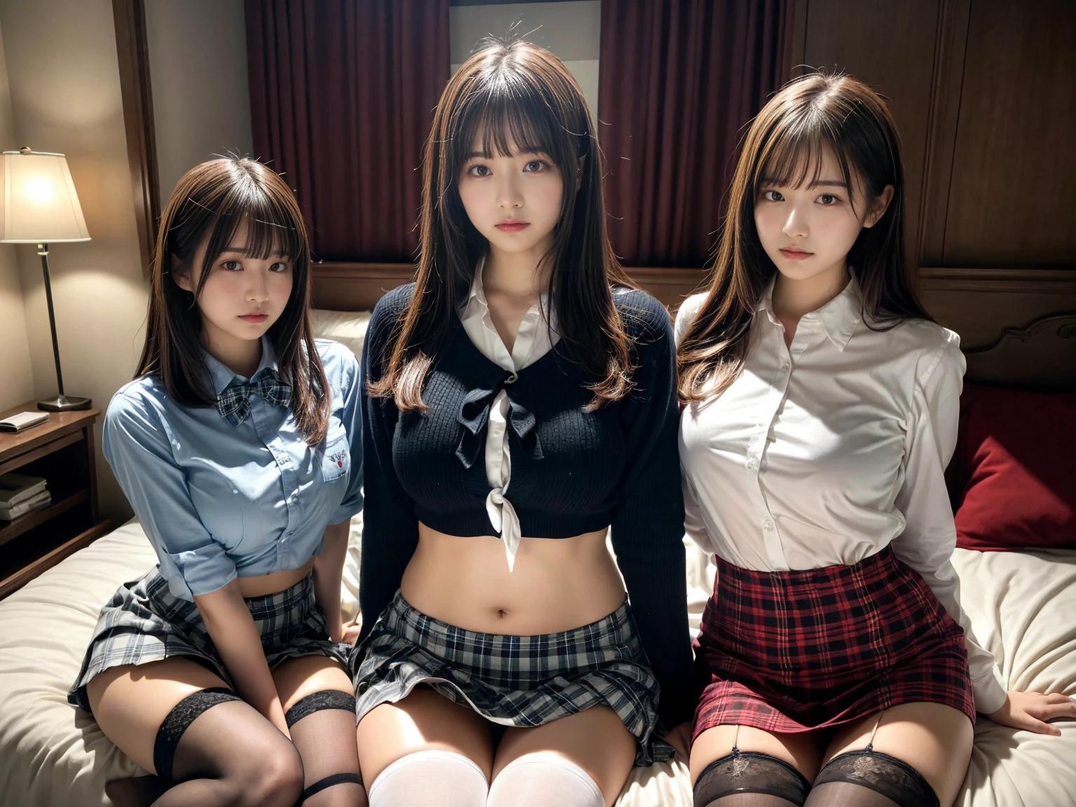 masterpiece, best quality, illustration, Super detailed, fine details, High resolution, 8K,wall paper, perfect dynamic composition,(Details High quality, realistic depiction of eyes:1.3), (3 girls), (white school shirt :1.2), (plaid skirt :1.3), tie black, black thigh-high stockings, sitting, open legs, short bob hair, in a hotel room in the background, deep on field, large breasts, black hair color, Big Natural Color Lip, (perfect body shape), crying a little、Harajuku style、20 year old girl、cute type、beautiful legs, Gravure Idol