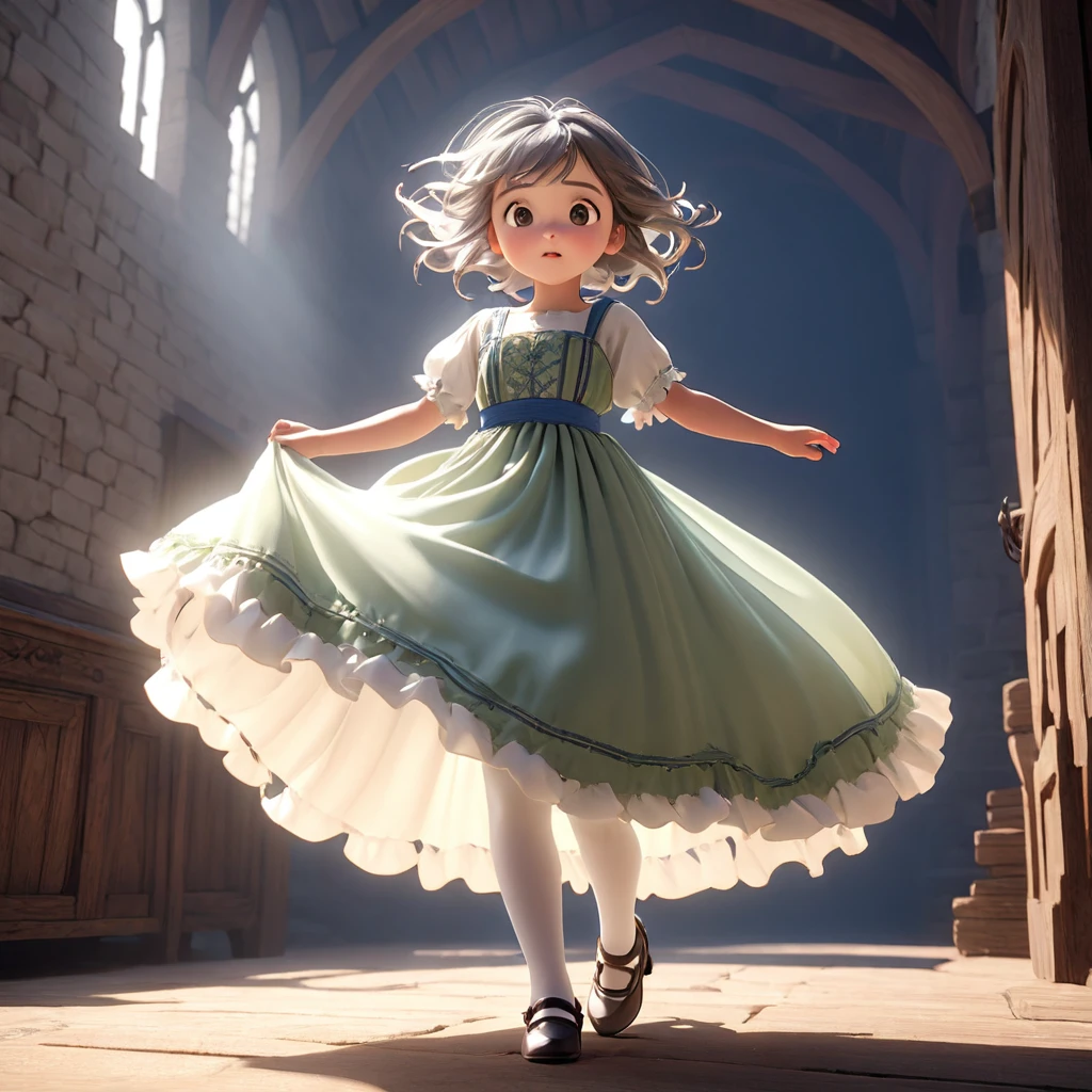 (Highly detailed CG Octane render 8k wallpaper), 8 year old girl underwear, Realistic cotton bloomers, Medieval long dress with panniers, Fabric Realism, Low Angle,  Pull up the dress by hand, Strong winds, Translucent slip, Translucent slip, tights, Highest quality, whole body