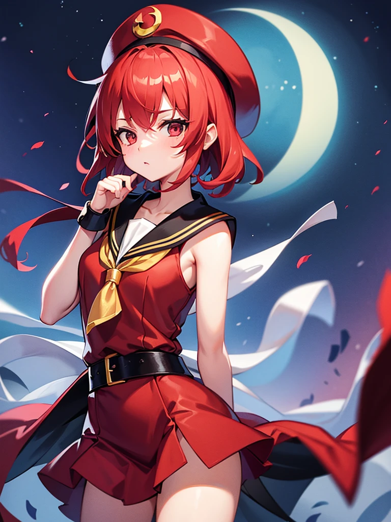 A young girl with short red hair, red eyes, wearing a red hooded cloak, a sailor cap, and a crescent moon hair accessory, holding a cutlass. BREAK Red hooded cloak, sailor cap, crescent moon hair accessory, cutlass BREAK Half-body portrait, facing the camera BREAK Highly detailed anime-style magical girl in a refined, fantasy-inspired environment