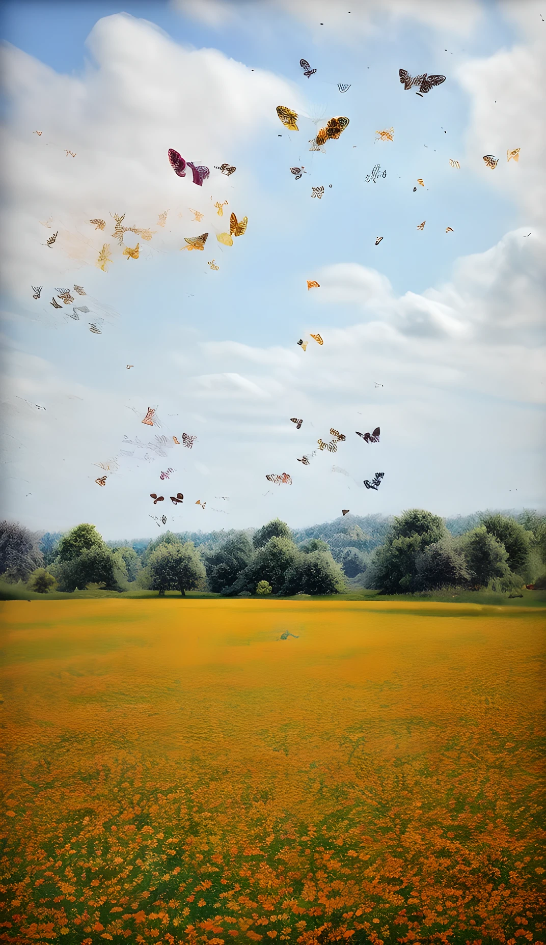 Gran cantidad de mariposas  volando en un campo verde con many flowers mariposas de muchos colores brillantes y cristalinos, very bright colors and beautiful to look at photography style HyperRealistic art. Super realistic original, bright butterflies flying in all directions, lost field , many flowers,  daylight shot of blue sky with white clouds HD ultra definition, 
