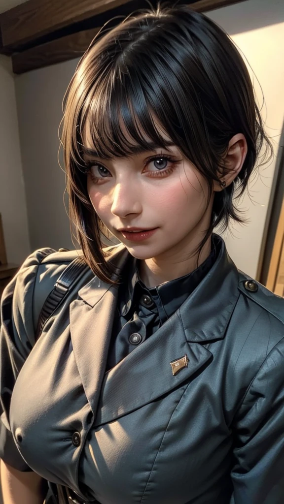 ((Beautiful Face:1.2)), (Purelos Face_v1: 1.0), Half Body,(Highest Resolution, clear_image) Highest quality, Single, One Woman, alone, masterpiece, Very detailed, (realistic), Black short hair, Black Hair, bangs, mature, ((JSDF uniform)), Indoor Background, kind, Authoritative, Powerful, Exquisite facial features, Exquisite facial features,((Natural big breasts:1.2))