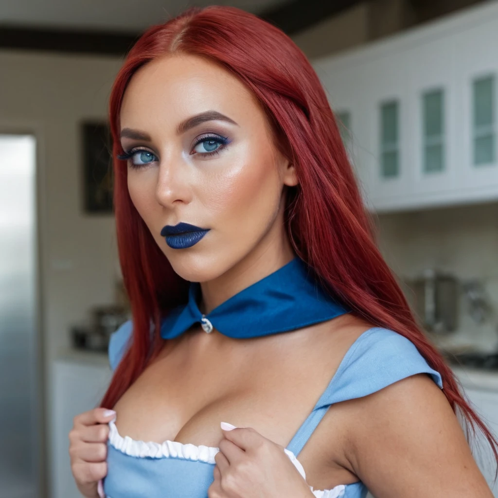 ((ultra quality)), ((Masterpiece)), ((8K)), ((elf house worker)), ((long red hair)), (fucial cumshot), (Dark lips), charming, ((sexy facial expression)), looks at the camera, eyes closed a little, (skin color dark blue), (dark blue skin), glare on the body, ((detailed beautiful female eyes)), ((Light blue eyes)), (beautiful female lips), (dark eyeliner), (beautiful female hands), ((Ideal female figure)), Ideal female body, beautiful waist, beautiful hips, Medium breasts, (cloth: housemaid costume), ((subtle and beautiful)), stands temptingly (face close up), background: big fantasy, house kitchen, ((depth of field)), ((high quality clear image)), (clear details), ((High detail)), realistically, ((Clear Focus))