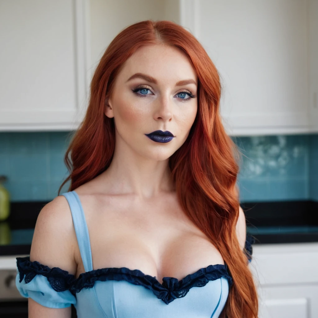 ((ultra quality)), ((Masterpiece)), ((8K)), ((elf house worker)), ((long red hair)), (fucial cumshot), (Dark lips), charming, ((sexy facial expression)), looks at the camera, eyes closed a little, (skin color dark blue), (dark blue skin), glare on the body, ((detailed beautiful female eyes)), ((Light blue eyes)), (beautiful female lips), (dark eyeliner), (beautiful female hands), ((Ideal female figure)), Ideal female body, beautiful waist, beautiful hips, Medium breasts, (cloth: housemaid costume), ((subtle and beautiful)), stands temptingly (face close up), background: big fantasy, house kitchen, ((depth of field)), ((high quality clear image)), (clear details), ((High detail)), realistically, ((Clear Focus))