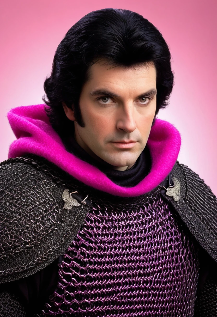 Knight in black chainmail , pink mantle, 50 years, plain pale face, beardless and ordinary, pale skin, average height, average weight, white eyes, medium short black hair, thin eyebrows, expressionless face, unsmiling