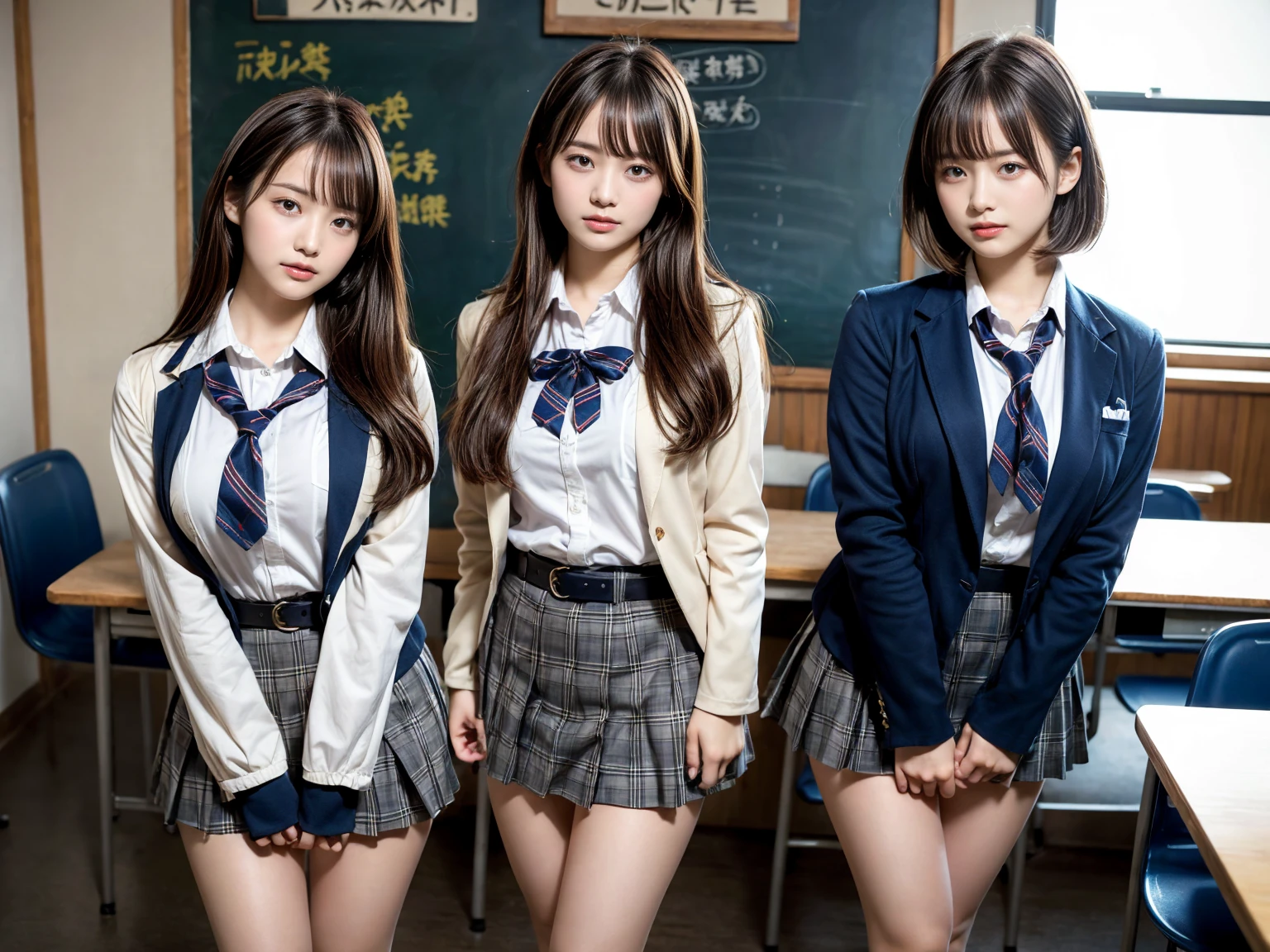 masterpiece, best quality, illustration, Super detailed, fine details, High resolution, 8K,wall paper, perfect dynamic composition,(Details High quality, realistic depiction of eyes:1.3), (2 girls), High School Classroom、High school girl uniform、blazer 、Super Short Check Uniform Skirt、Navy blue high socks、garterbelts、Colossal tits、Disturbed uniform, short hair, deep on field, large breasts, black hair color, Big Natural Color Lip, (perfect body shape), crying a little、Harajuku style、20 year old girl、cute type、beautiful legs, Gravure Idol