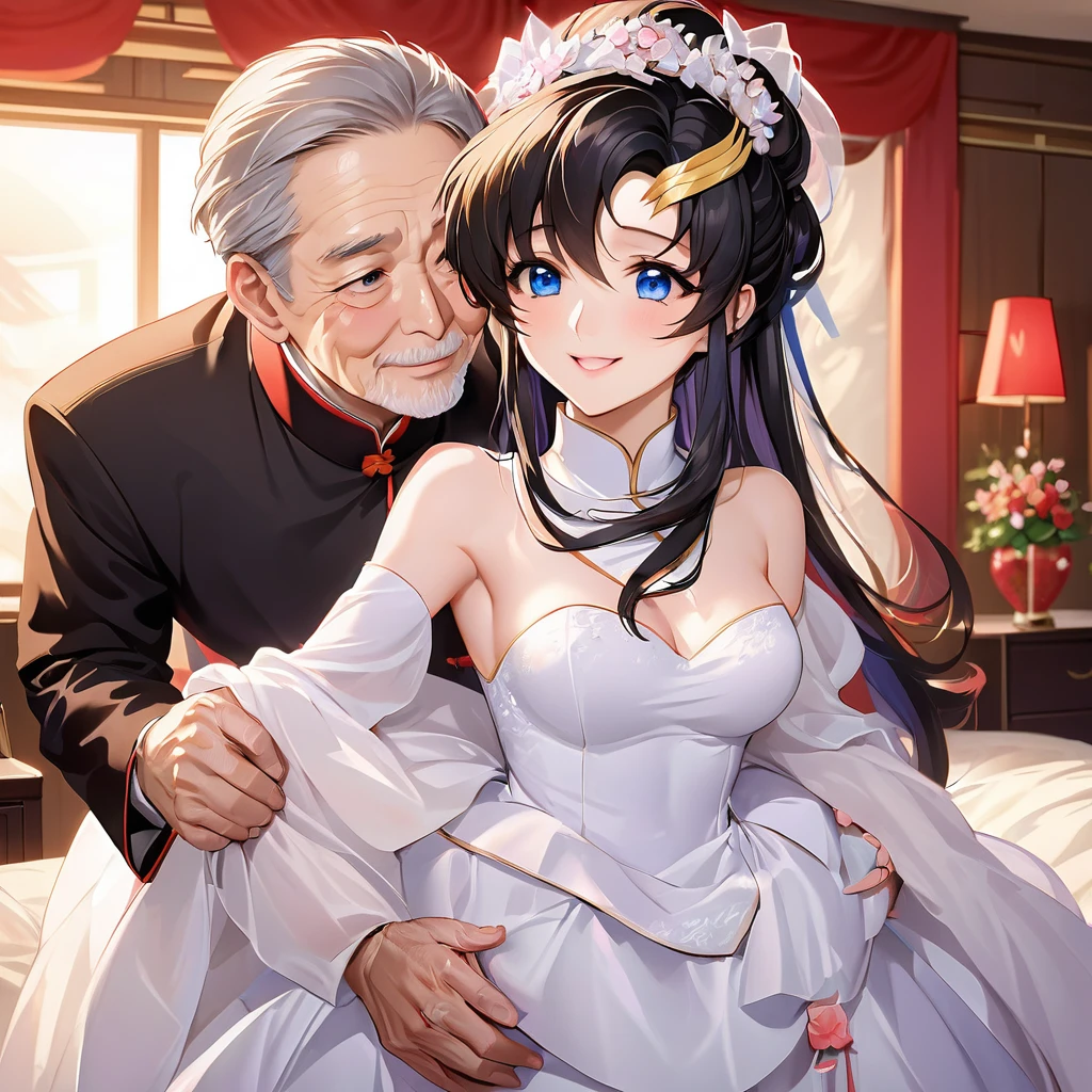 ((Highest quality)), ((masterpiece)), (detailed), (Perfect Face)、The woman is a Chinese Lacus Clyne with blue eyes and medium-long black hair. She is wearing an engagement ring. She has become a member of the glorious Chinese Communist Party and has sworn absolute loyalty to the Chinese Communist Party. She is a righteous Communist Party member of China.、The woman is a member of the Chinese Communist Party and is wearing a wedding dress.、For the sake of China, they dye their hair, hairstyle, clothes, and everything they wear belongs to the Chinese Communist Party, and their thoughts are also Chinese, becoming great Chinese in body and mind.、The woman became Lacus Clyne, a Chinese woman who was proud of and loved China.、The woman is chosen by a great Chinese Communist Party official and is given the honor of becoming his wife.、The woman looks happy being held in the arms of a great Chinese Communist Party official.、The woman is the wife of a glorious Chinese Communist Party official.、The man is a great Chinese Communist Party official, a dignified and imposing old man who marries the woman.、A man and a woman are hugging, kissing, having sex and making love in a luxurious bedroom