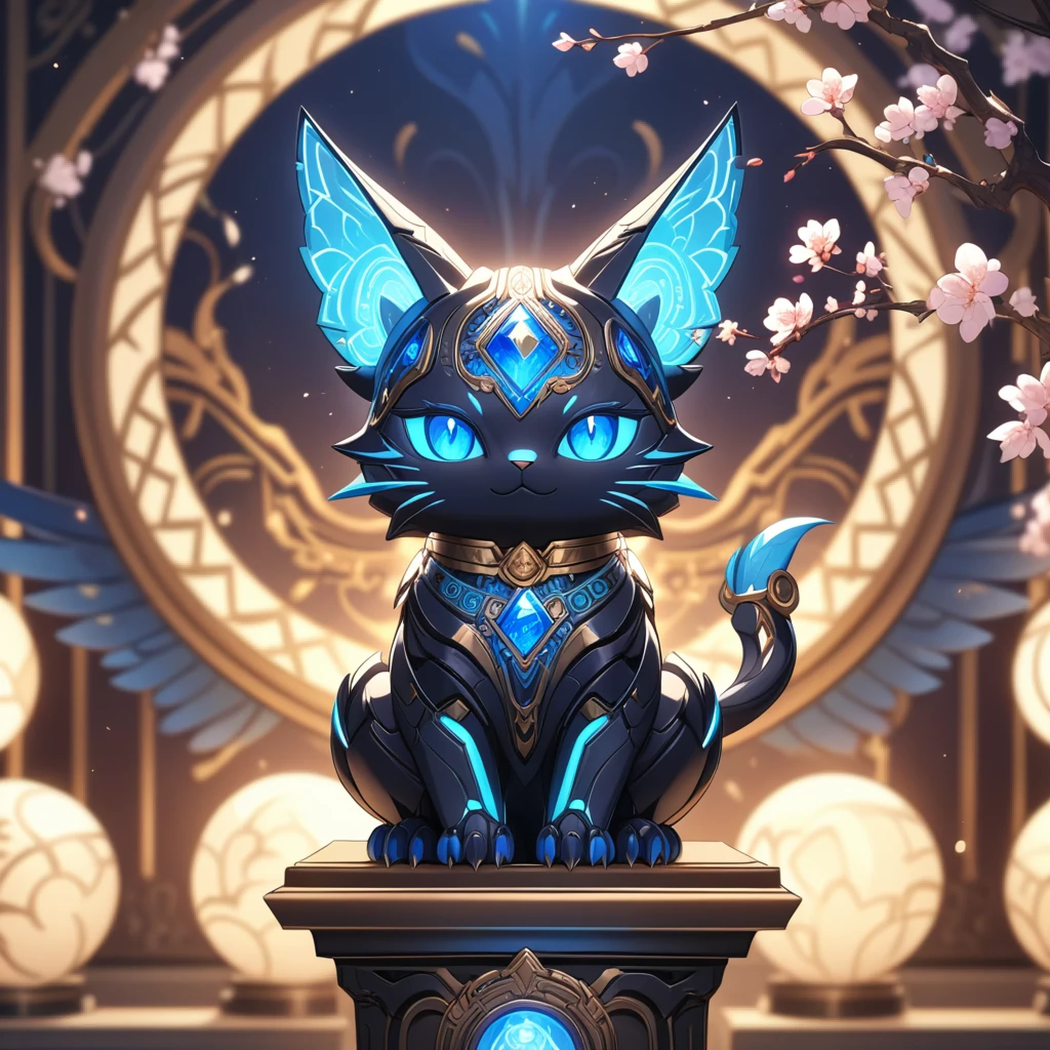 Close-up, cute fantasy glowing mechanical cat-like creature sitting on ornate old pedestal, sapphire sharp wings with intricate patterns, sharp claws, glowing robotic eyes, intricate sparkling conduits, long ears, sparkling, blurry warm fantasy background, glowing orbs, blossoming branches, masterpiece, best quality, very aesthetic, absurdes, safe, SFW
