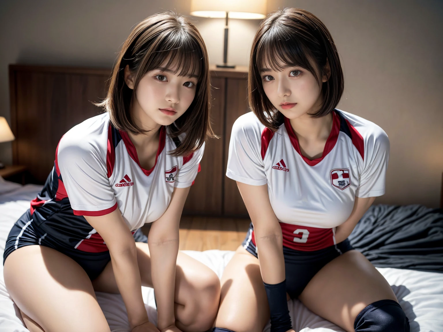 masterpiece, best quality, illustration, Super detailed, fine details, High resolution, 8K,wall paper, perfect dynamic composition,(Details High quality, realistic depiction of eyes:1.3), (2 girls), (short hair volleyball player, Volleyball Uniforms), Tight clothes, sitting, open legs, short bob hair, in a hotel room in the background, deep on field, large breasts, black hair color, Big Natural Color Lip, (perfect body shape), crying a little、Harajuku style、20 year old girl、cute type、beautiful legs, Gravure Idol