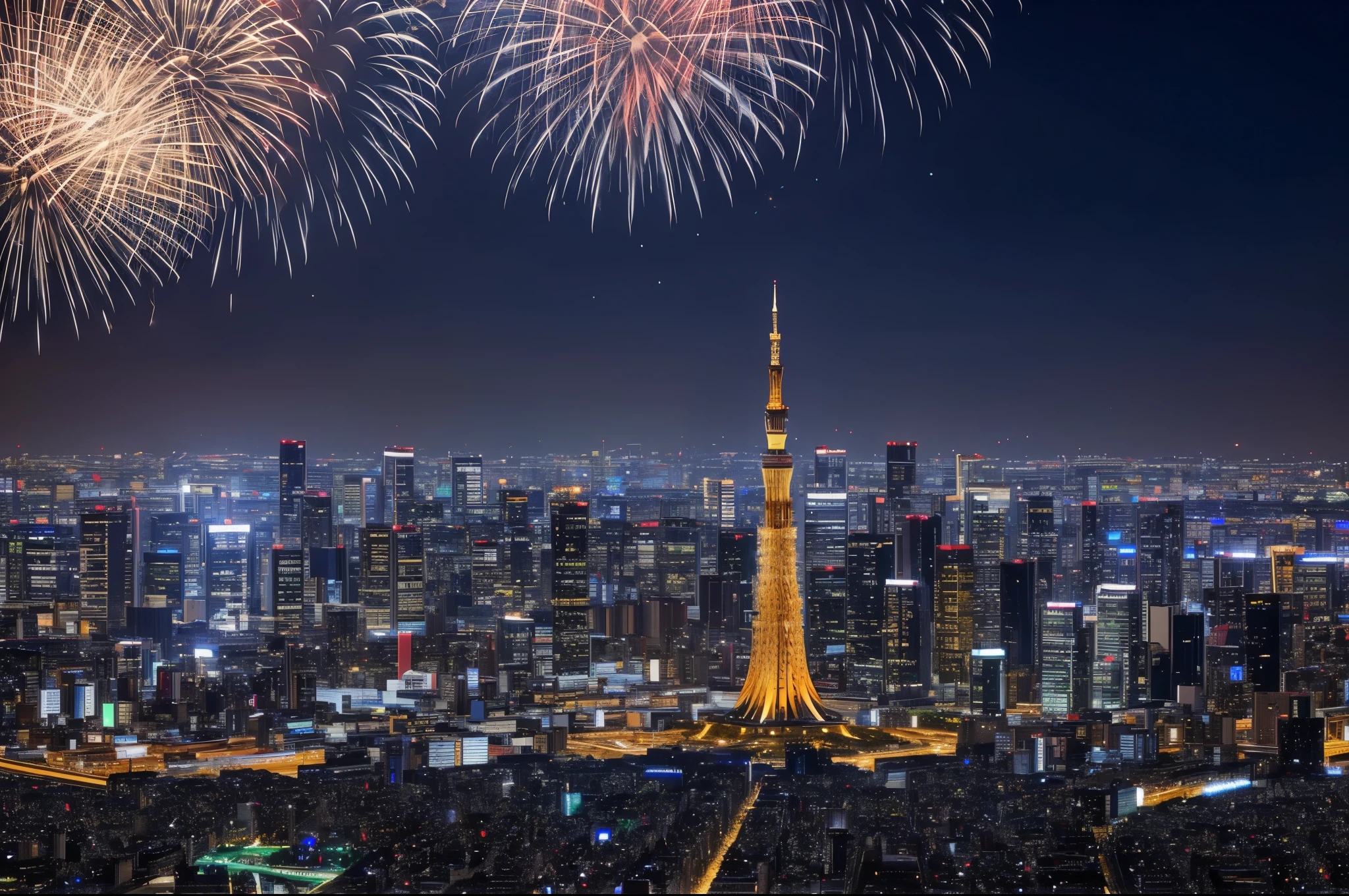 Beautiful night view of Tokyo、The Tokyo Skytree towers in the center、The glitter of densely packed buildings and apartment buildings,Golden fireworks in the sky