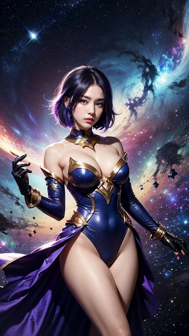 "Create an image of Taliyah in her Cosmic skin from League of Legends by Riot Games, dressed in an ethereal, cosmic-themed outfit with shimmering stars and her glowing rock gloves, have massive k-cups, in a vast, star-filled universe with swirling galaxies and nebulae."