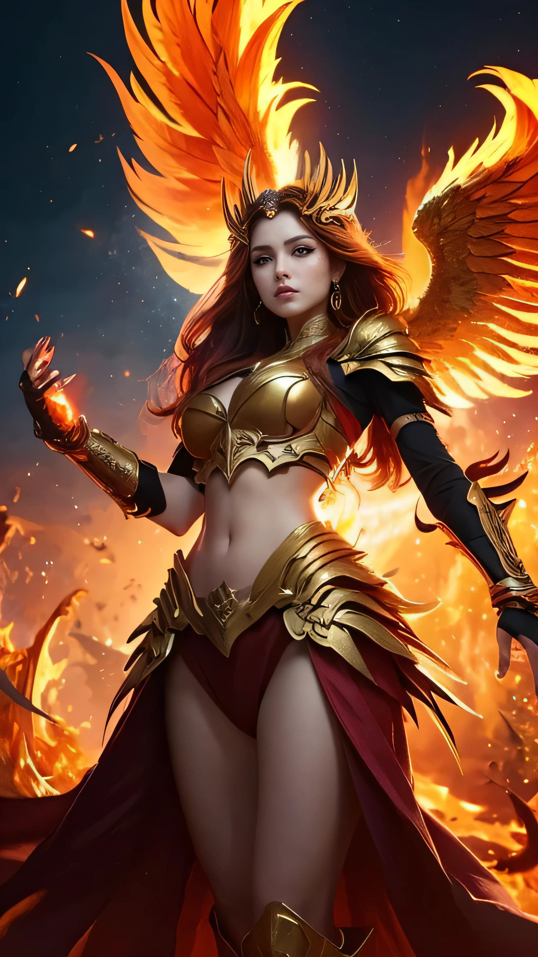 Create an ultra-realistic depiction of a Battle-Ready Phoenix Woman. This fierce and stunning figure embodies the grandeur and divine presence of the mythical Phoenix. She stands tall and fierce, with large wings adorned with feathers blazing in fiery hues of red, orange, and gold, occasionally shimmering with hints of purple and blue. Her deep, golden eyes burn with determination and a hint of rage, seemingly containing living flames. Her hair flows like molten gold, cascading in waves of shimmering red, orange, and gold, flickering and dancing like flames. Her skin has a slight glow, almost translucent with a warm, golden undertone. She wears ornate, flame-forged armor with intricate designs mimicking Phoenix feathers. Her long, elegant tail is made of fiery feathers that flicker and dance with every movement, leaving a trail of sparks. Her strong and muscular legs are adorned with armored greaves resembling talons. She wields a flaming sword and carries a shield that gleams like molten metal, adorned with Phoenix motifs. The background should be a fiery battlefield, with flames and smoke adding to her fearsome and majestic presence.