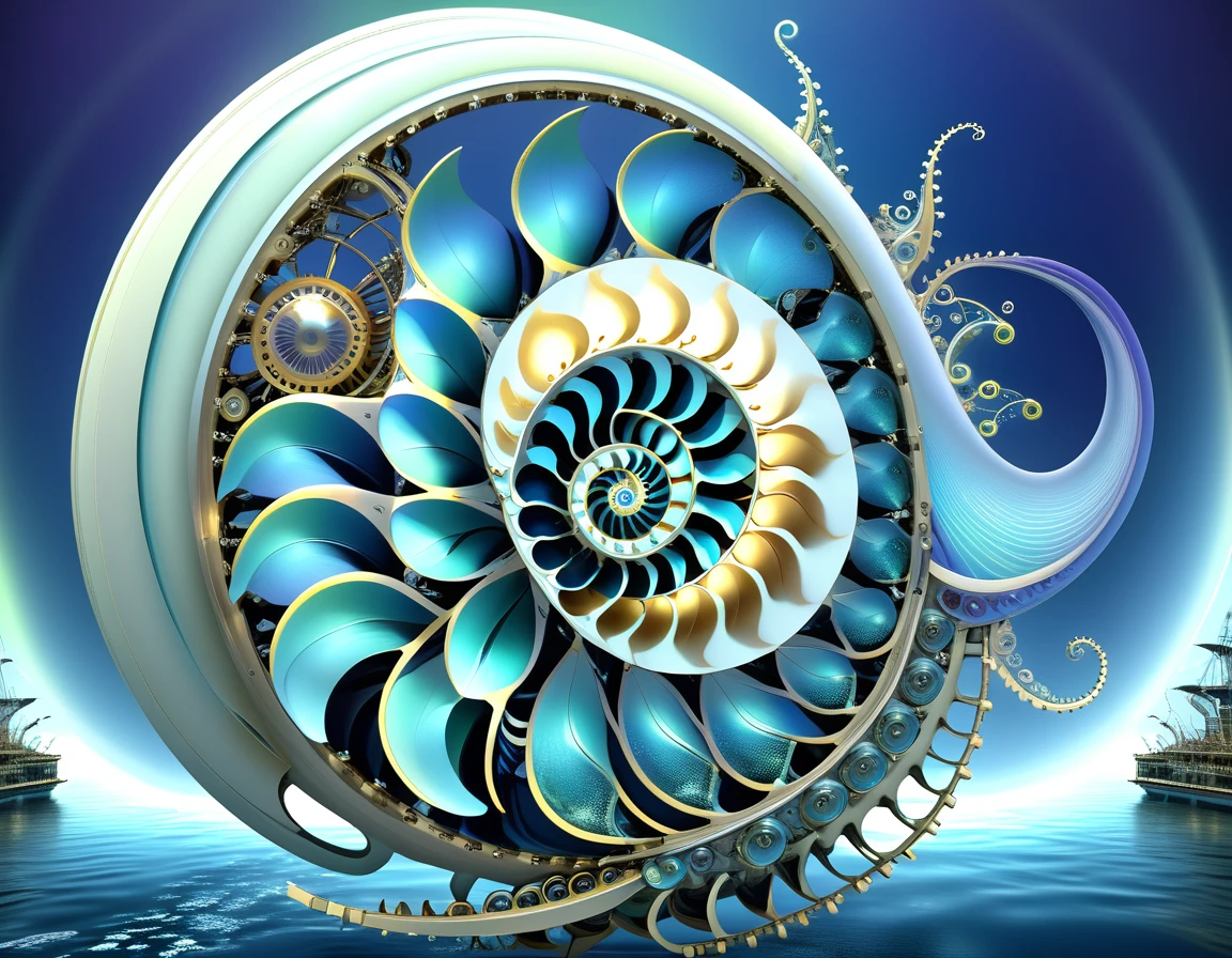 (A mechanical lifeform, the nautilus, drifting in the ancient seas:1.2)、(Nautilus Machine Lifeform)、(Nautilus is mechanically drawn:1.2)、Machine lifeforms emerging from the Mandelbrot set、The emerging lifeforms gradually々Mechanize to、gear、Fractal Art、3D Rendering, Aurora