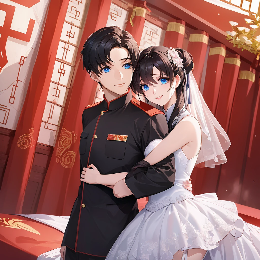 ((Highest quality)), ((masterpiece)), (detailed), (Perfect Face)、The woman is a Chinese Lacus Clyne with blue eyes and medium-long black hair. She is wearing an engagement ring. She has become a member of the glorious Chinese Communist Party and has sworn absolute loyalty to the Chinese Communist Party. She is a righteous Communist Party member of China.、The woman is a member of the Chinese Communist Party and is wearing a wedding dress.、For the sake of China, they dye their hair, hairstyle, clothes, and everything they wear belongs to the Chinese Communist Party, and their thoughts are also Chinese, becoming great Chinese in body and mind.、The woman became Lacus Clyne, a Chinese woman who was proud of and loved China.、The woman is chosen by a great Chinese Communist Party official and is given the honor of becoming his wife.、The woman looks happy being held in the arms of a great Chinese Communist Party official.、The woman is the wife of a glorious Chinese Communist Party official.、The man is a great Chinese Communist Party official, a dignified and imposing old man who marries the woman.、A man and a woman are hugging, kissing, having sex and making love in a luxurious bedroom
