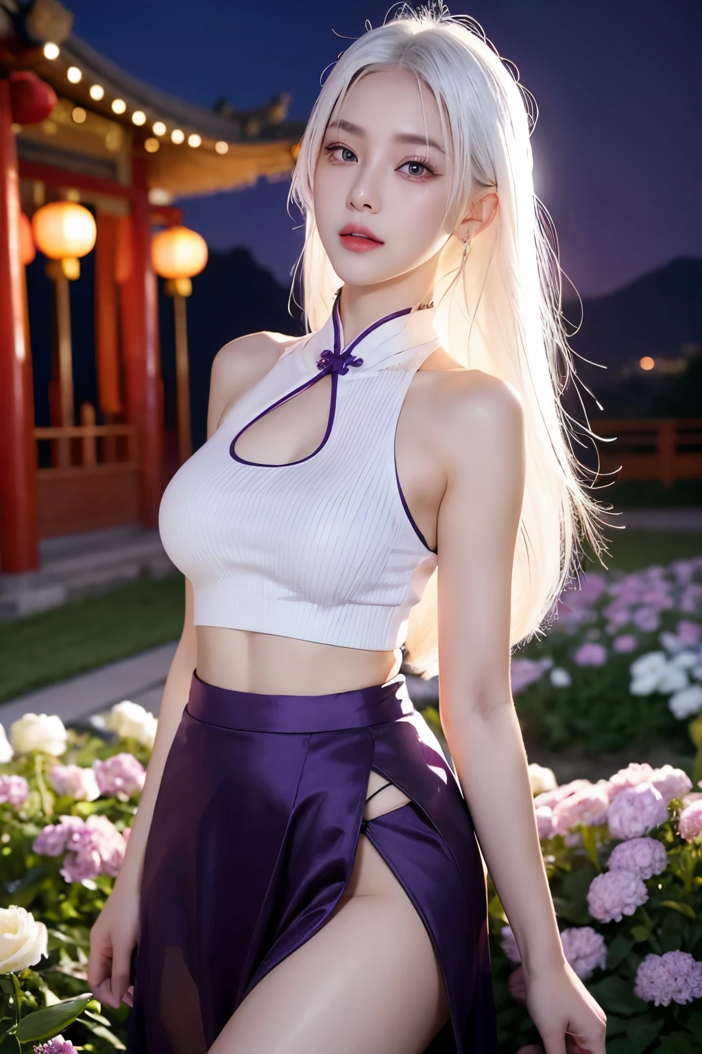 realistic girl, realistic expression, 1 sexy girl, white hair, purple eyes, glowing eyes, crop top, skirt, parted lips, blush, night, flowers, sun, sunlight, medium breasts, Chinese beautiful girl, beautiful eyes, perfect face, perfect body, perfect eyes.