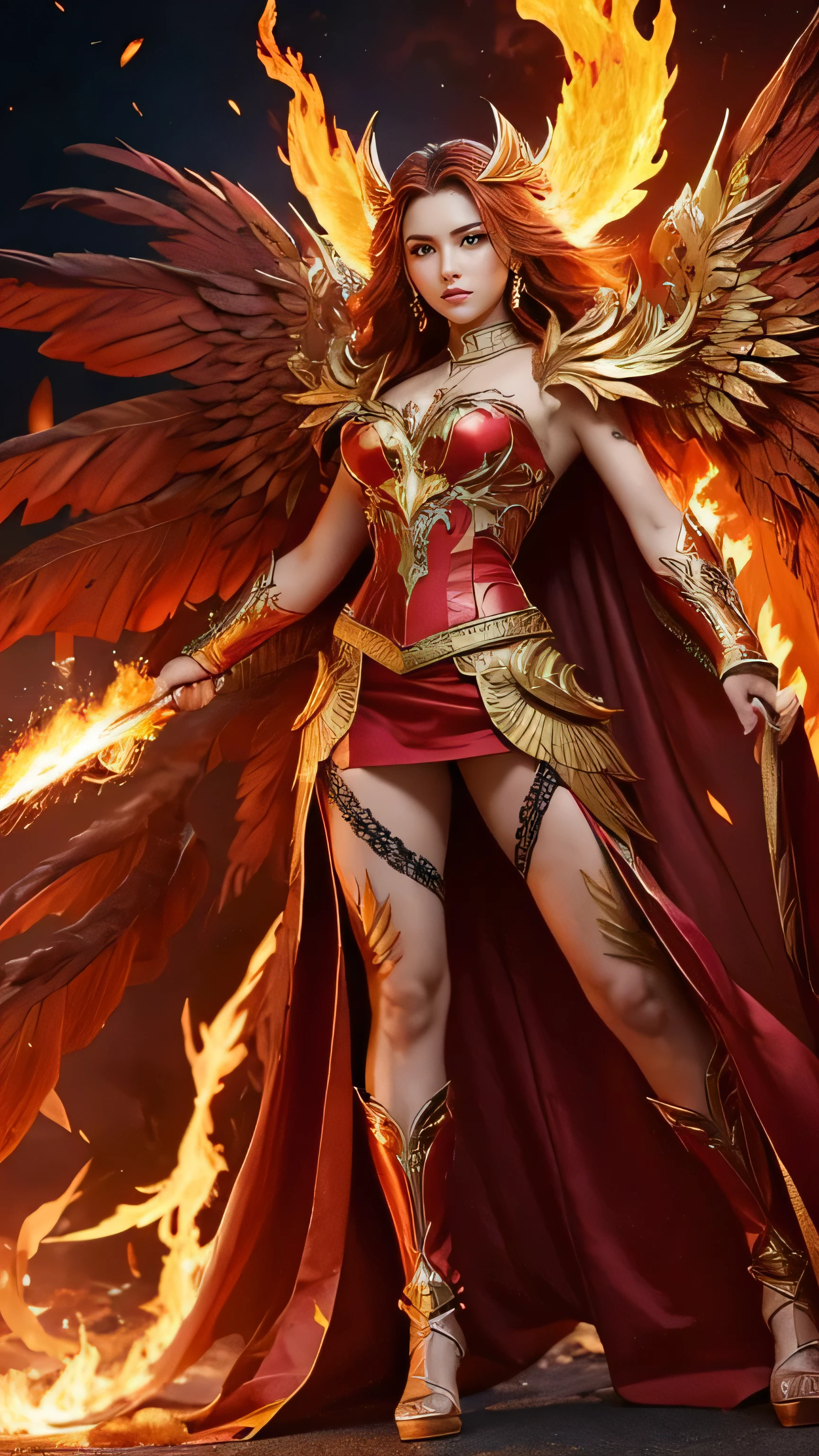 Create an ultra-realistic depiction of a Battle-Ready Phoenix Woman. This fierce and stunning figure embodies the grandeur and divine presence of the mythical Phoenix. She stands tall and fierce, with large wings adorned with feathers blazing in fiery hues of red, orange, and gold, occasionally shimmering with hints of purple and blue. Her deep, golden eyes burn with determination and a hint of rage, seemingly containing living flames. Her hair flows like molten gold, cascading in waves of shimmering red, orange, and gold, flickering and dancing like flames. Her skin has a slight glow, almost translucent with a warm, golden undertone. She wears ornate, flame-forged armor with intricate designs mimicking Phoenix feathers. Her long, elegant tail is made of fiery feathers that flicker and dance with every movement, leaving a trail of sparks. Her strong and muscular legs are adorned with armored greaves resembling talons. She wields a flaming sword and carries a shield that gleams like molten metal, adorned with Phoenix motifs. The background should be a fiery battlefield, with flames and smoke adding to her fearsome and majestic presence.
