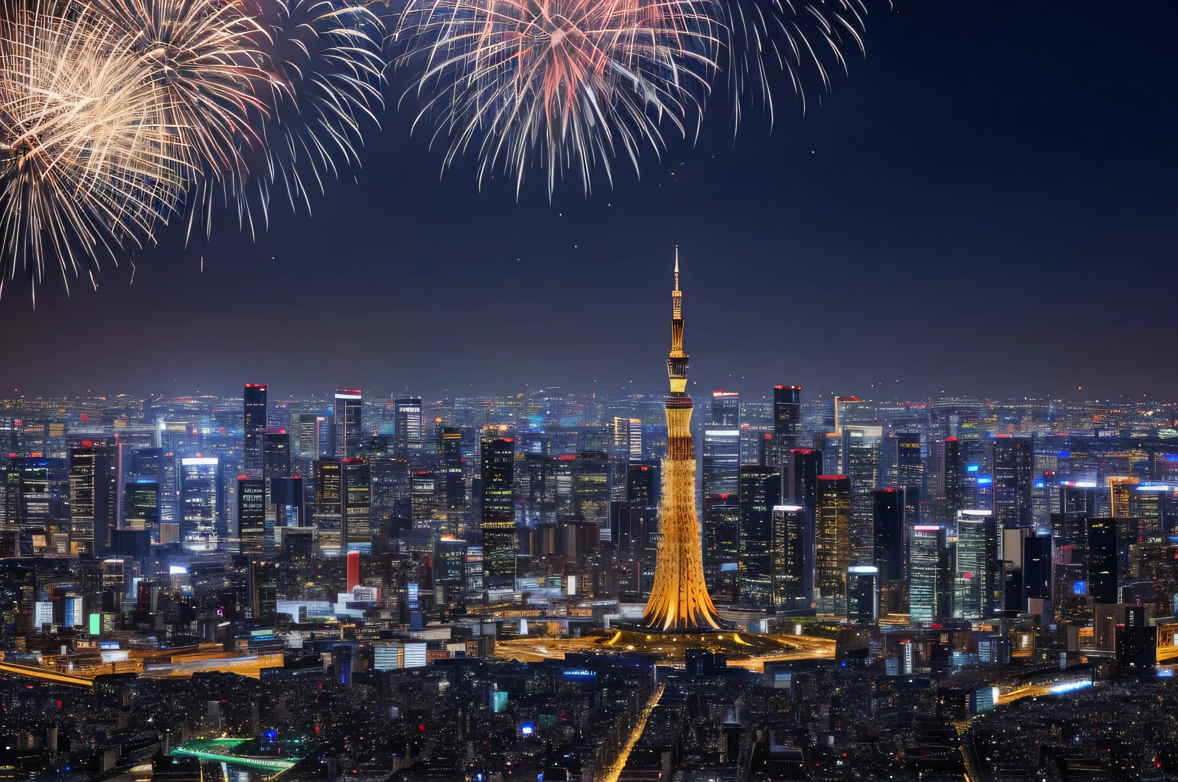 Beautiful night view of Tokyo、The Tokyo Skytree towers in the center、The glitter of densely packed buildings and apartment buildings,Golden fireworks in the sky