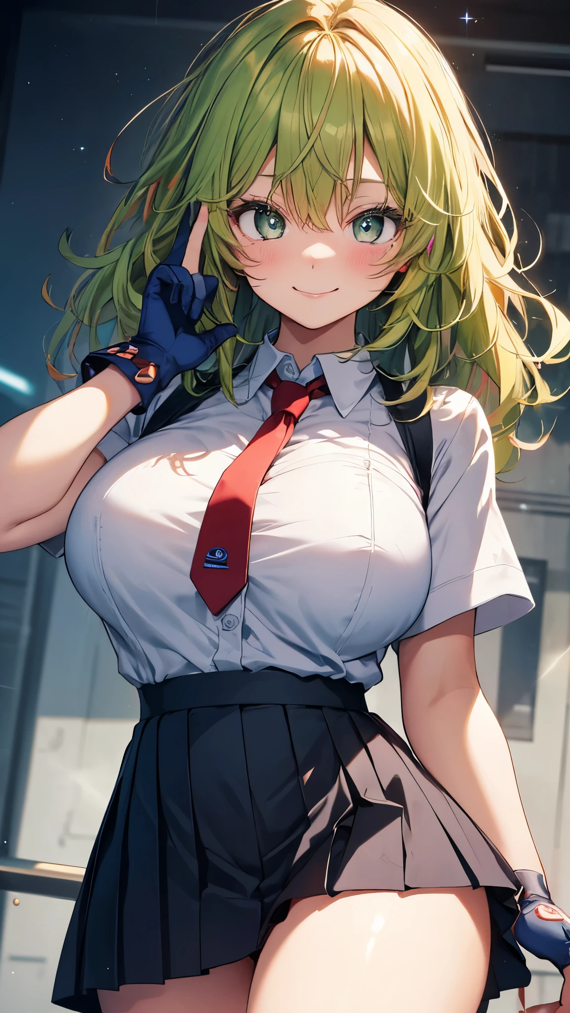 tooru hagakure, (green eyes), green hair,(messy hair, wavy hair:1.2),multicolored hair, thick eyelashes, two-tone hair,collared shirt, gloves, blue skirt, thighs,necktie, pleated skirt, red necktie, , shirt, skirt,white shirt,(huge breasts), hand {fingers} cute Kawaii cute {finger} hand,smile,blush,masterpiece,Noise Reduction,perfect anatomy,high resolution, ultra-detailed, ultra-detailed face,game cg,dutch angle ,beautiful detailed eyes,visualart,five fingers, perfect hands, perfect lighting, sparkling pupils,