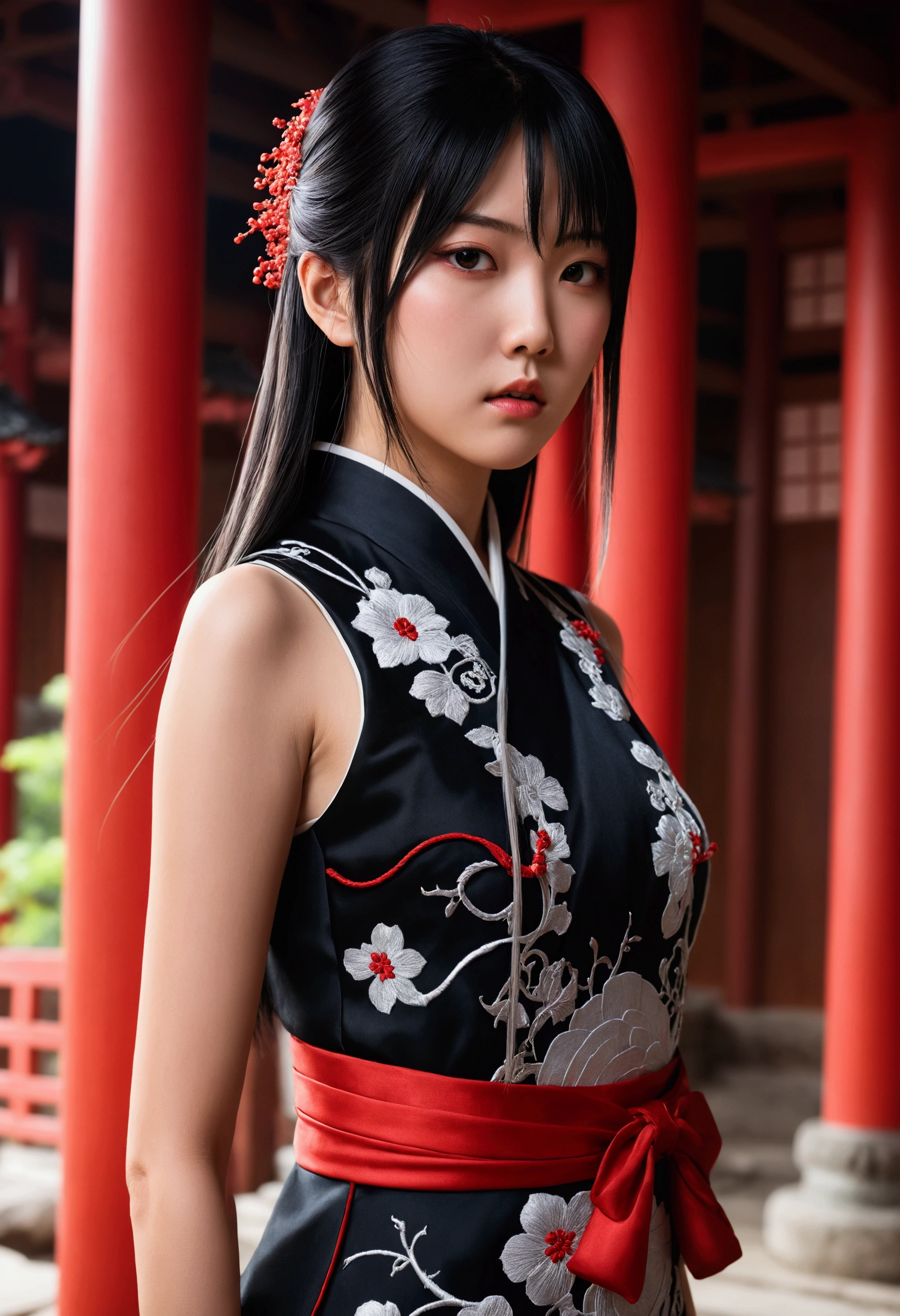 A captivating, semi-realistic anime-style illustration of a young Japanese girl standing and facing with an arrogant defensive stance in a Chinese temple. Her long hair, with red highlights, cascades down her back and her white skin is accentuated by K-beauty makeup. She wears a shiny black satin cheongsam, close to the body and falls slightly on her breasts, decorated with embroidered patterns and red thread stitching. The character designs are inspired by Tite Kubo from the Bleach manga and Aya Yajima. The atmosphere is that of a dark fantasy, with cinematic elements, and the young girl gives off the air of a sleeping shinigami. The blurred landscape adds depth, while the backlight creates a dramatic atmosphere of intrigue and danger. The SLR's exceptional lighting and shadows accentuate the realistic features, while the cinematic close-up lighting highlights the intricate details of her elaborate makeup. Shot with Unreal Engine 5 and high speed photography, DSLR, Nikon D750, cinematic and impressive, cinematic, illustration, anime