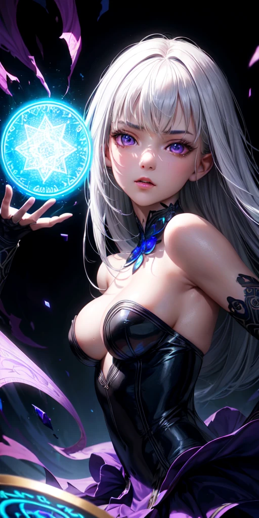 (masterpiece, best quality, ultra-detailed, best shadow), (detailed background,dark fantasy), (beautiful detailed face), high contrast, (best illumination, an extremely delicate and beautiful), ((cinematic light)), colorful, hyper detail, dramatic light, intricate details, (1girl, solo,white hair, sharp face,purple eyes, hair between eyes,dynamic angle), blood splatter, swirling black light around the character, depth of field,black light particles,(broken glass),magic circle,